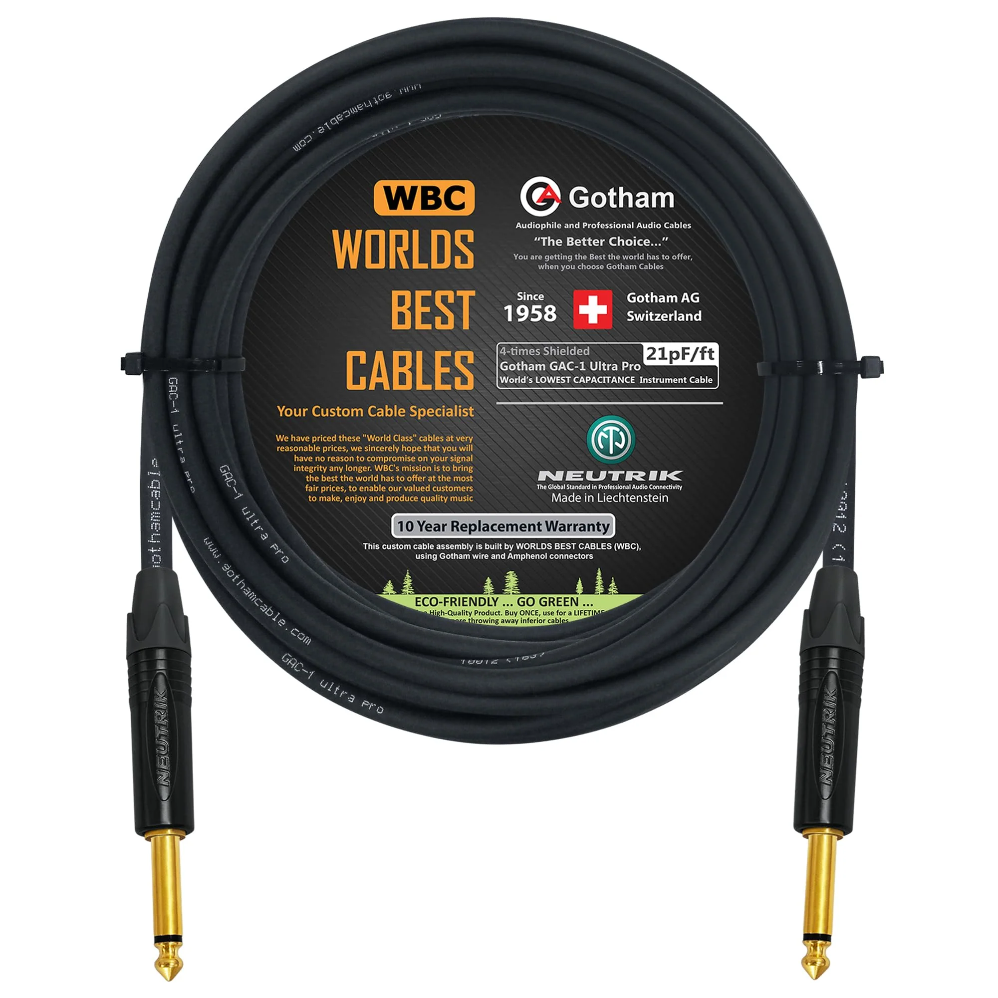 WORLDS BEST CABLES 20 Foot - Gotham GAC-1 Ultra Pro - Premium Low-Cap (21 pf/F) Guitar Bass Instrument Cable – w/Neutrik Gold Straight to Straight ¼ inch (6.35mm) TS Connectors - Custom Made