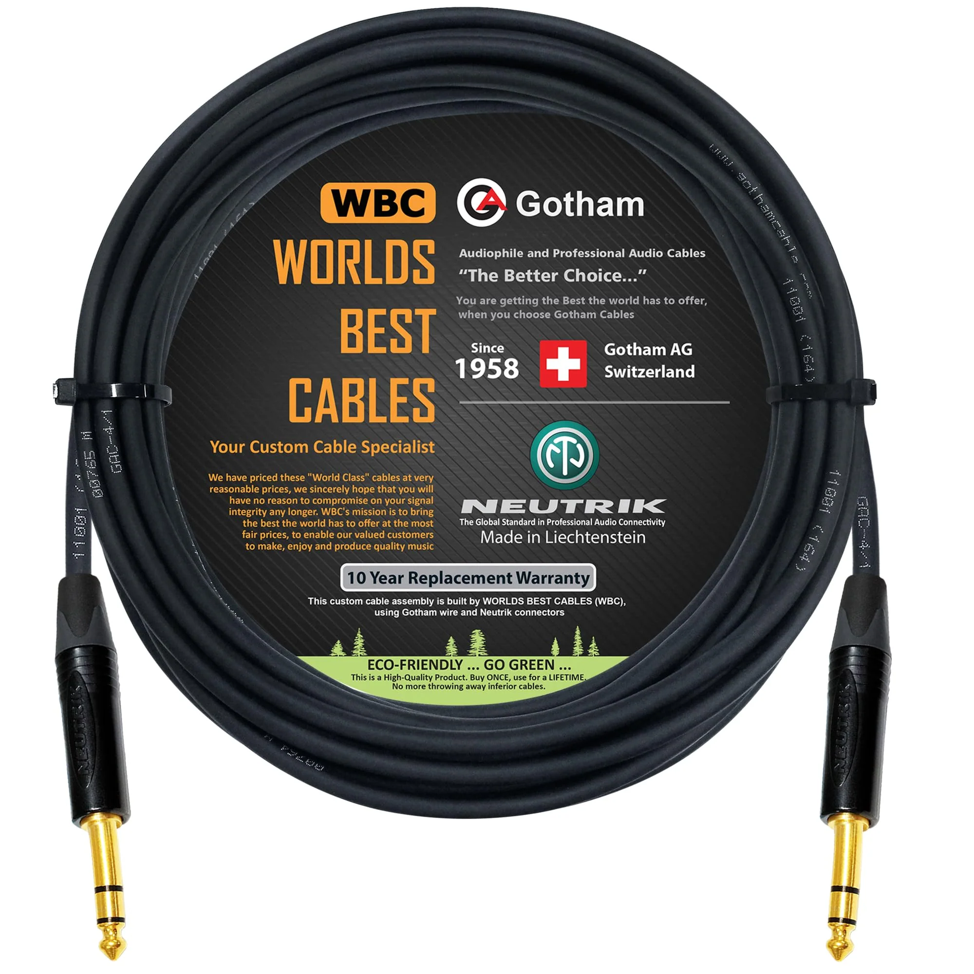 WORLDS BEST CABLES 20 Foot - Gotham GAC-4/1 (Black) - Star Quad - 2xShielded (100% Coverage) Balanced Patch Cable w/Neutrik NP3X-B ¼ Inch (6.35mm) TRS Plugs - Custom Made
