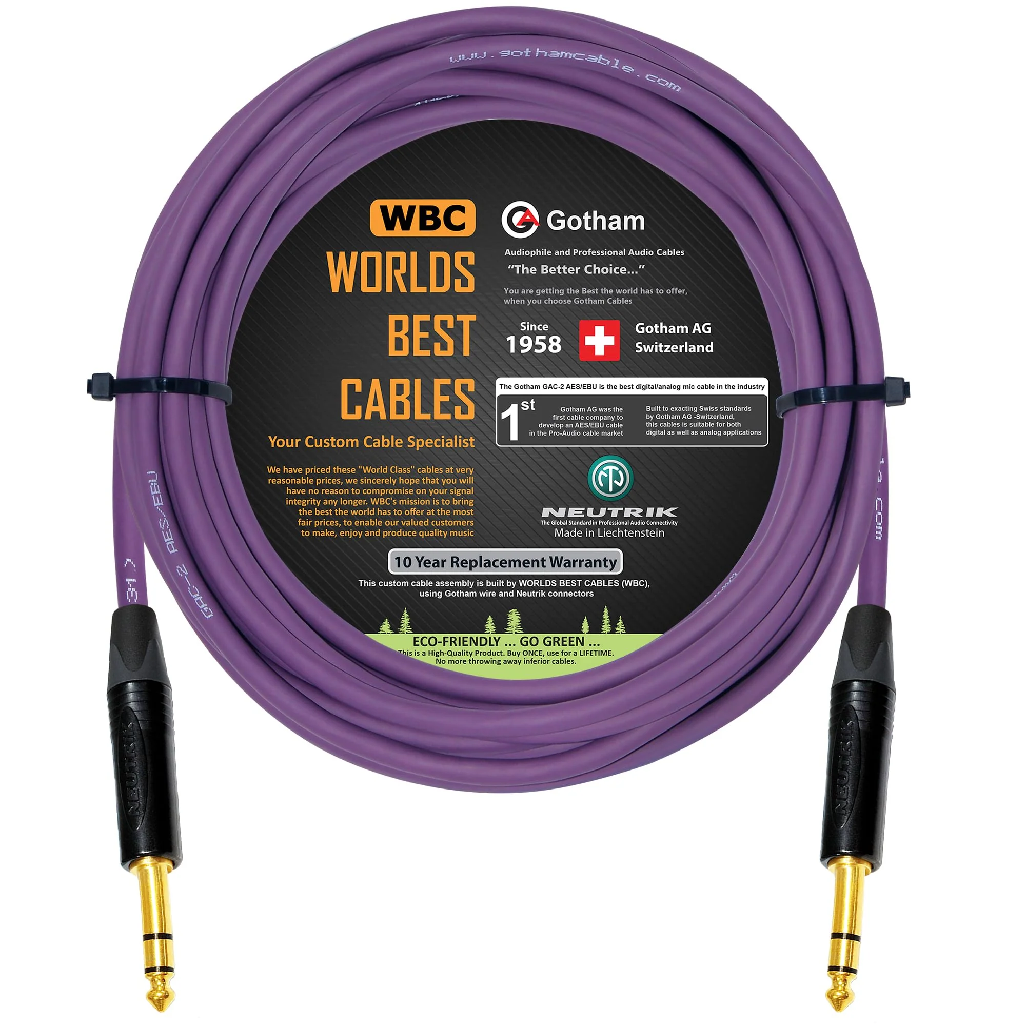 WORLDS BEST CABLES 25 Foot - Gotham GAC-2 AES/EBU (Purple) – Low-Loss, 2xCore 2xShielded Balanced Digital & Analog Audio Cable w/Neutrik NP3X-B ¼ Inch (6.35mm) TRS Plugs - Custom Made