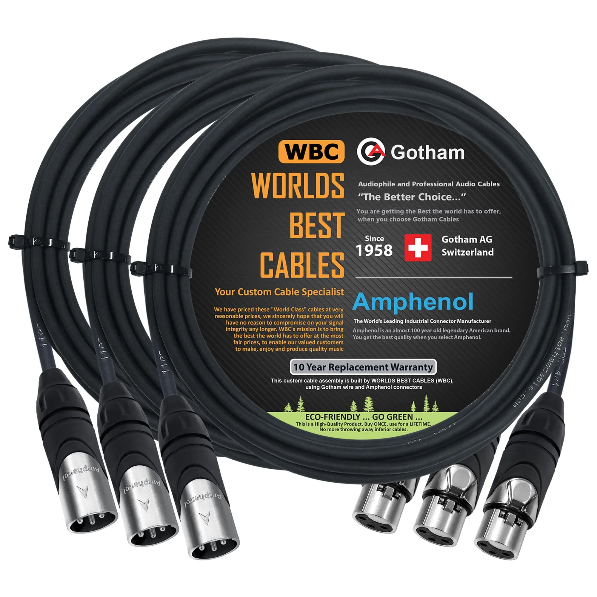 WORLDS BEST CABLES 3 Units - 10 Foot - Gotham GAC-4/1 (Black) - Star Quad, Dual Shielded Balanced Male to Female Microphone Cables with Amphenol AX3M & AX3F Silver XLR Connectors - Custom Made