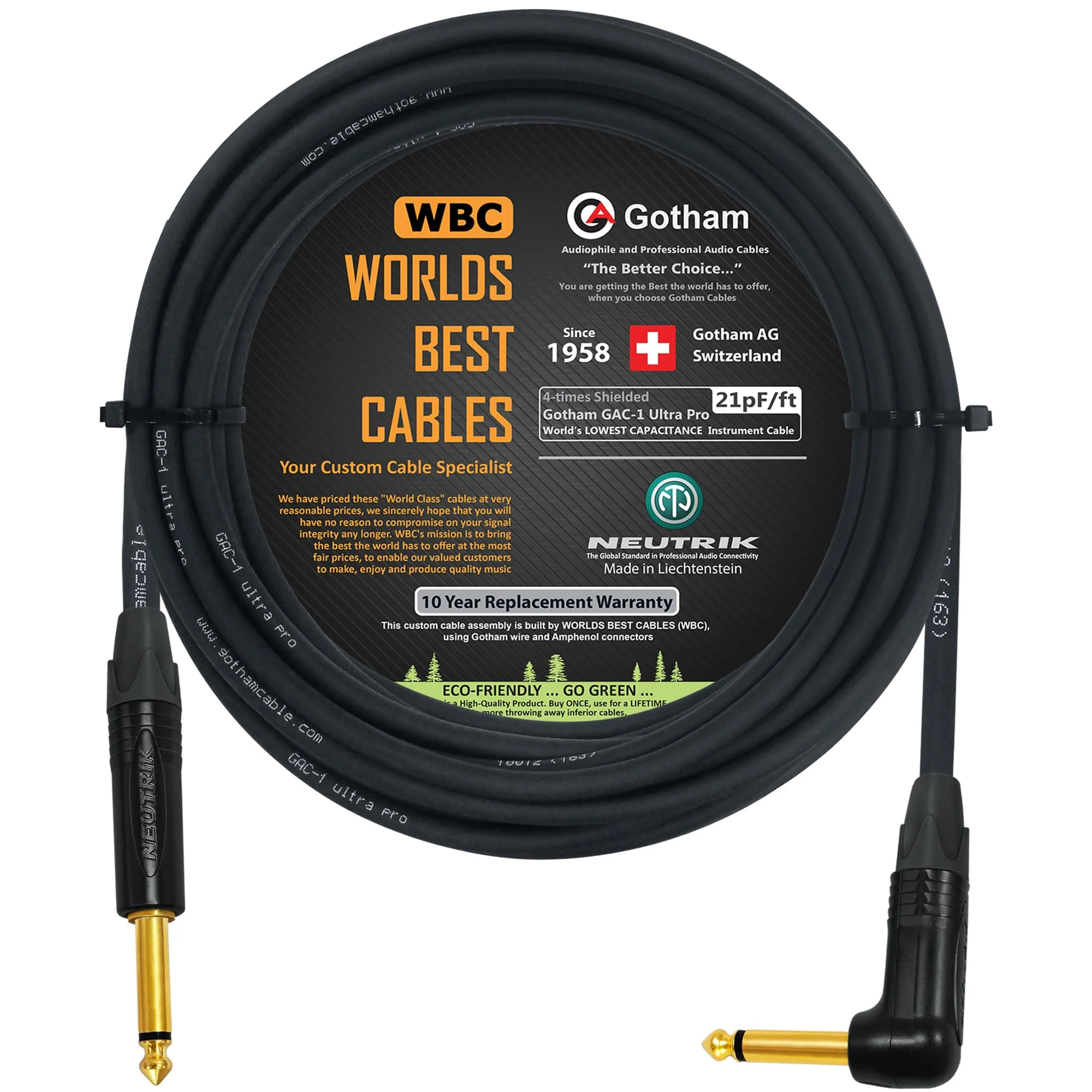 WORLDS BEST CABLES 30 Foot - Gotham GAC-1 Ultra Pro - Premium Low-Cap (21 pf/F) Guitar Bass Instrument Cable – w/Neutrik Gold Straight to Angled ¼ inch (6.35mm) TS Connectors - Custom Made