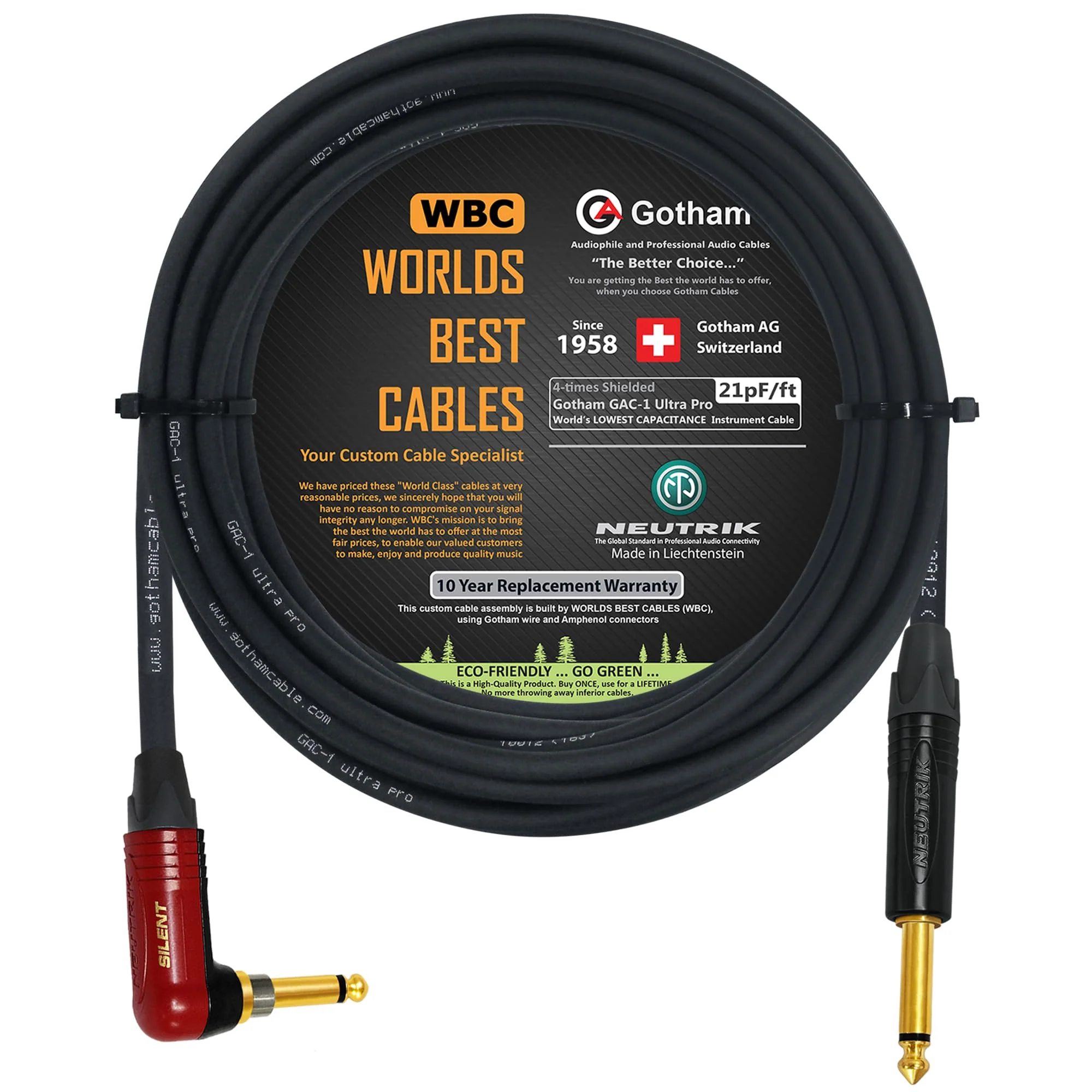 WORLDS BEST CABLES 30 Foot - Gotham GAC-1 Ultra Pro - Premium Low-Cap (21 pf/F) Guitar Bass Instrument Cable w/Neutrik Gold Straight to Angled (Silent Plug) ¼ inch (6.35mm) TS Plugs - Custom Made