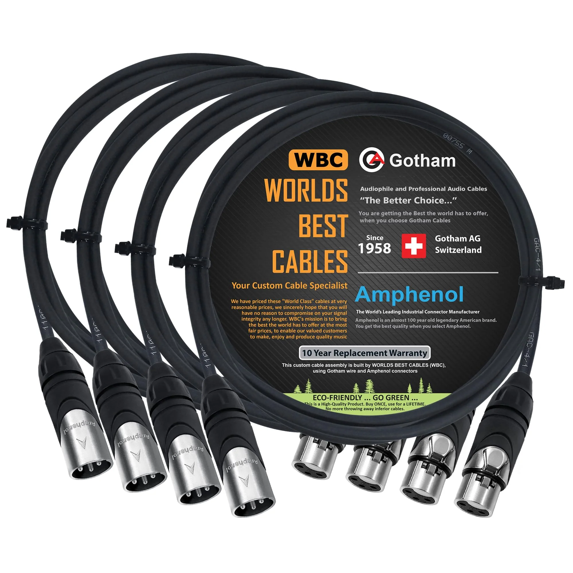 WORLDS BEST CABLES 4 Units - 3 Foot - Gotham GAC-4/1 (Black) - Star Quad, Dual Shielded Balanced Male to Female Microphone Cables with Amphenol AX3M & AX3F Silver XLR Connectors - Custom Made