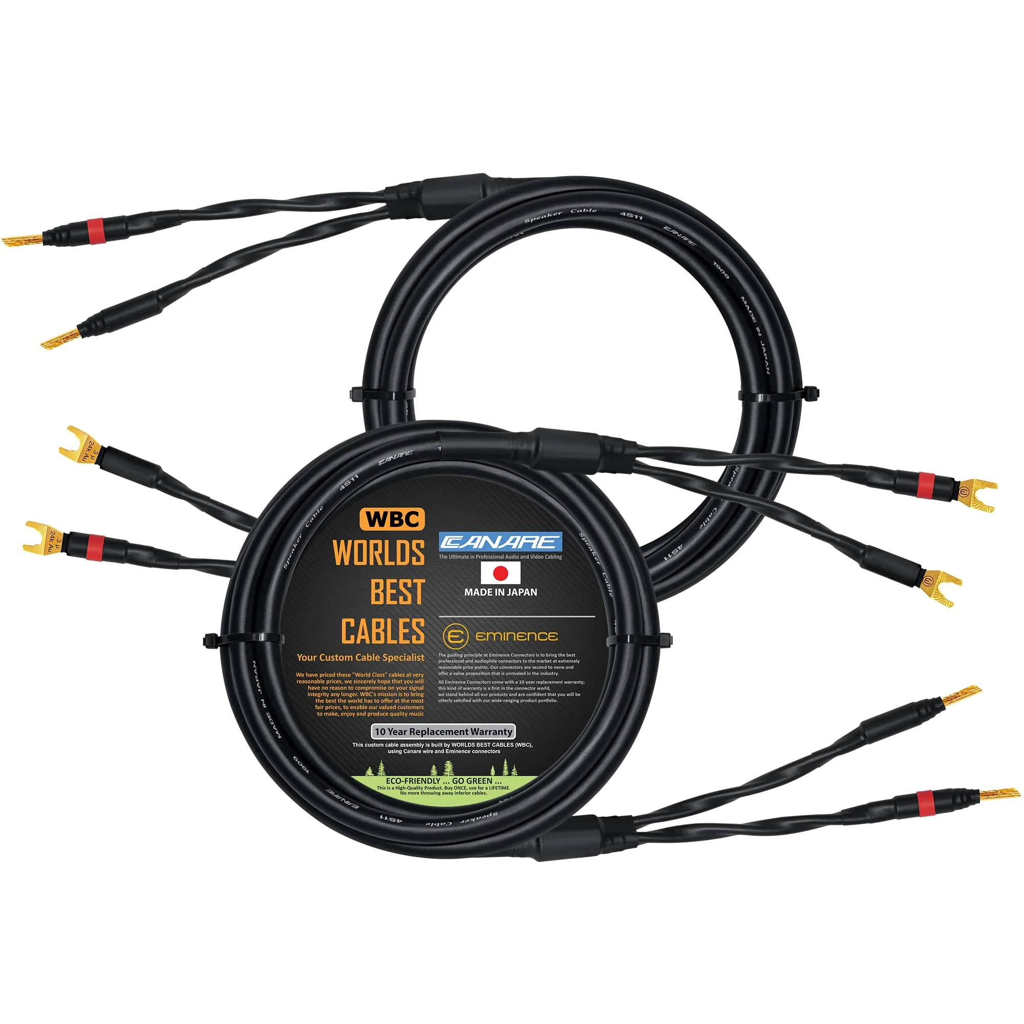 WORLDS BEST CABLES 6 Foot - Canare 4S11 – Audiophile Grade - HiFi Star-Quad Speaker Cable Pair with Eminence Gold Banana & Spade Connectors