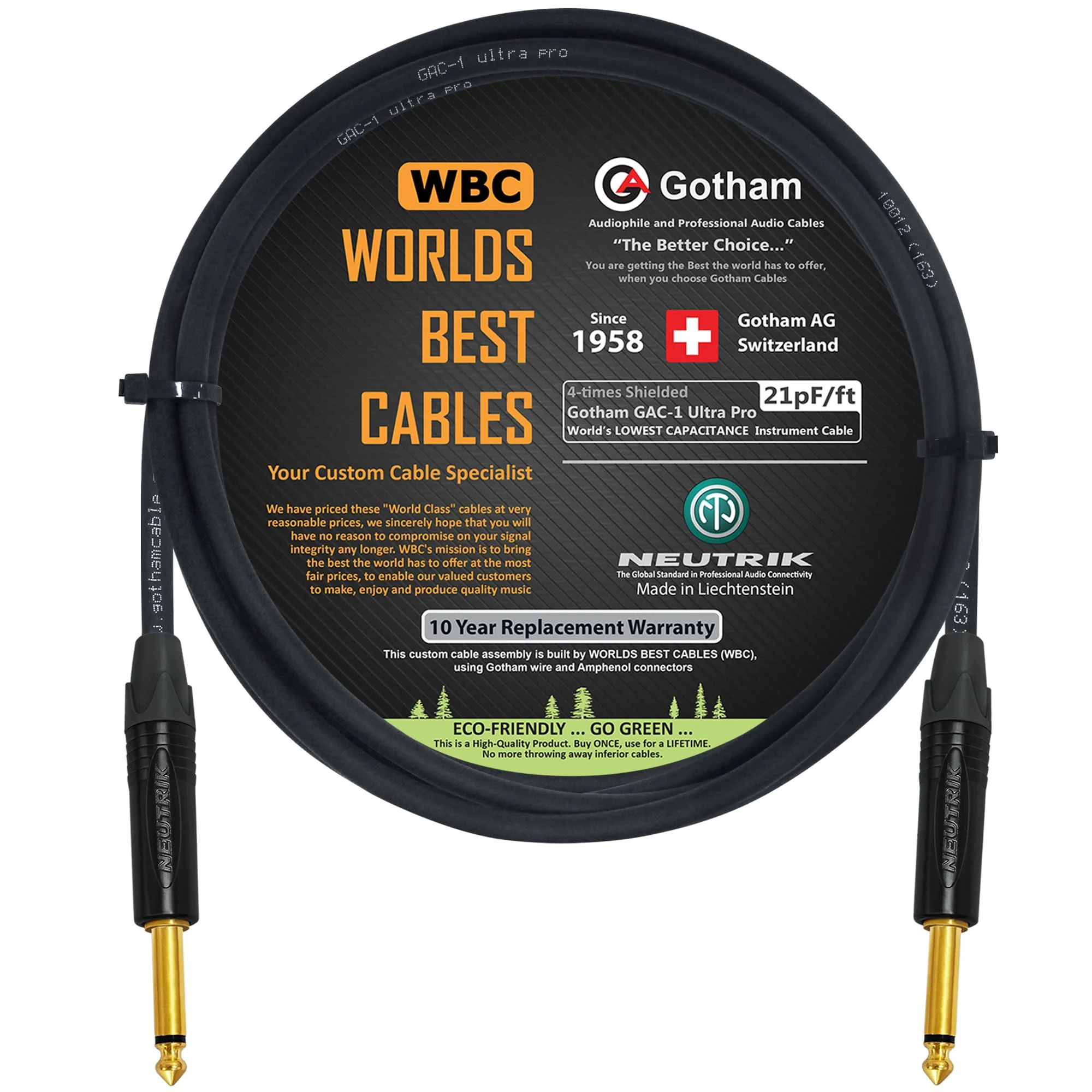 WORLDS BEST CABLES 6 Foot - Gotham GAC-1 Ultra Pro - Premium Low-Cap (21 pf/F) Guitar Bass Instrument Cable – w/Neutrik Gold Straight to Straight ¼ inch (6.35mm) TS Connectors - Custom Made