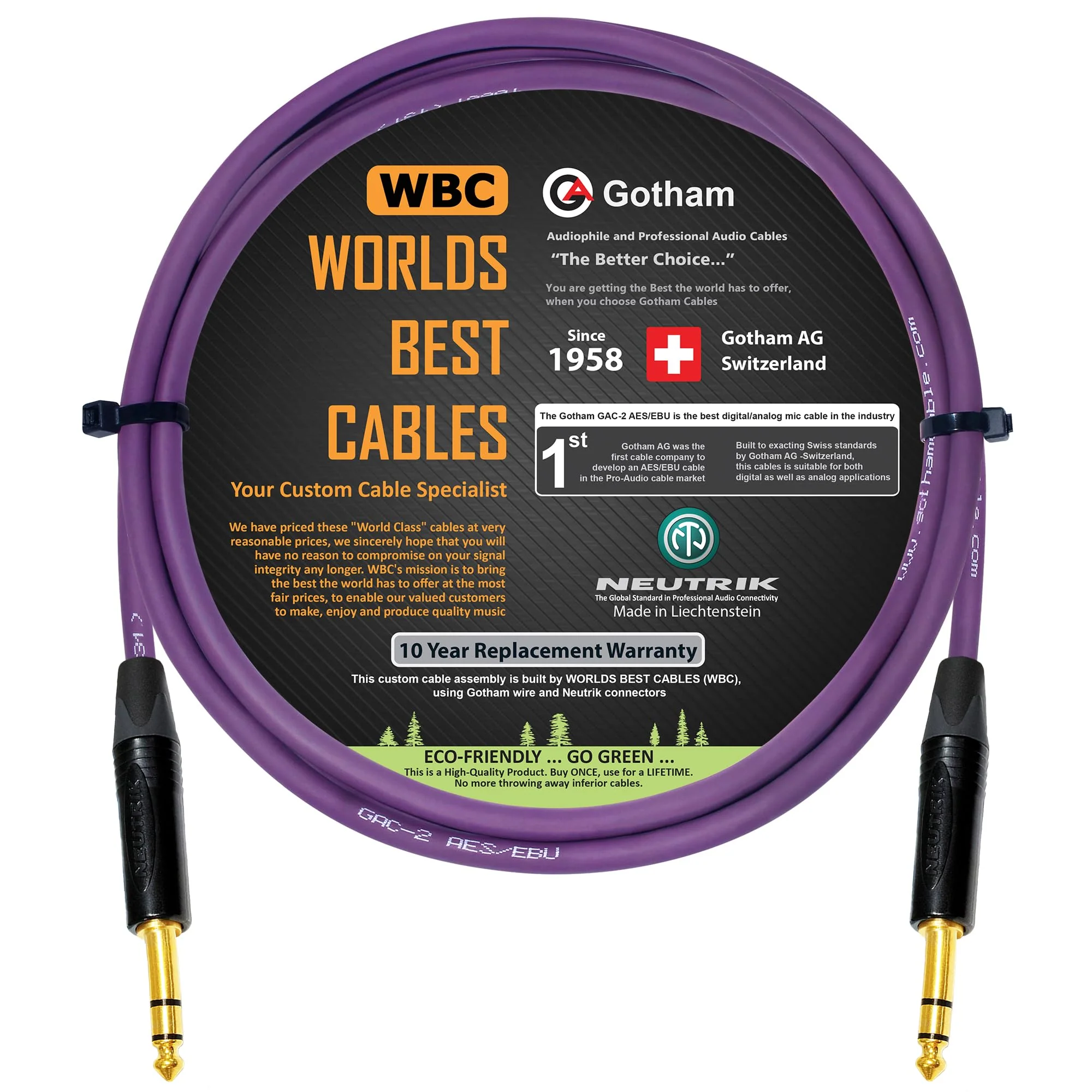 WORLDS BEST CABLES 6 Foot - Gotham GAC-2 AES/EBU (Purple) – Low-Loss, 2xCore 2xShielded Balanced Digital & Analog Audio Cable w/Neutrik NP3X-B ¼ Inch (6.35mm) TRS Plugs - Custom Made