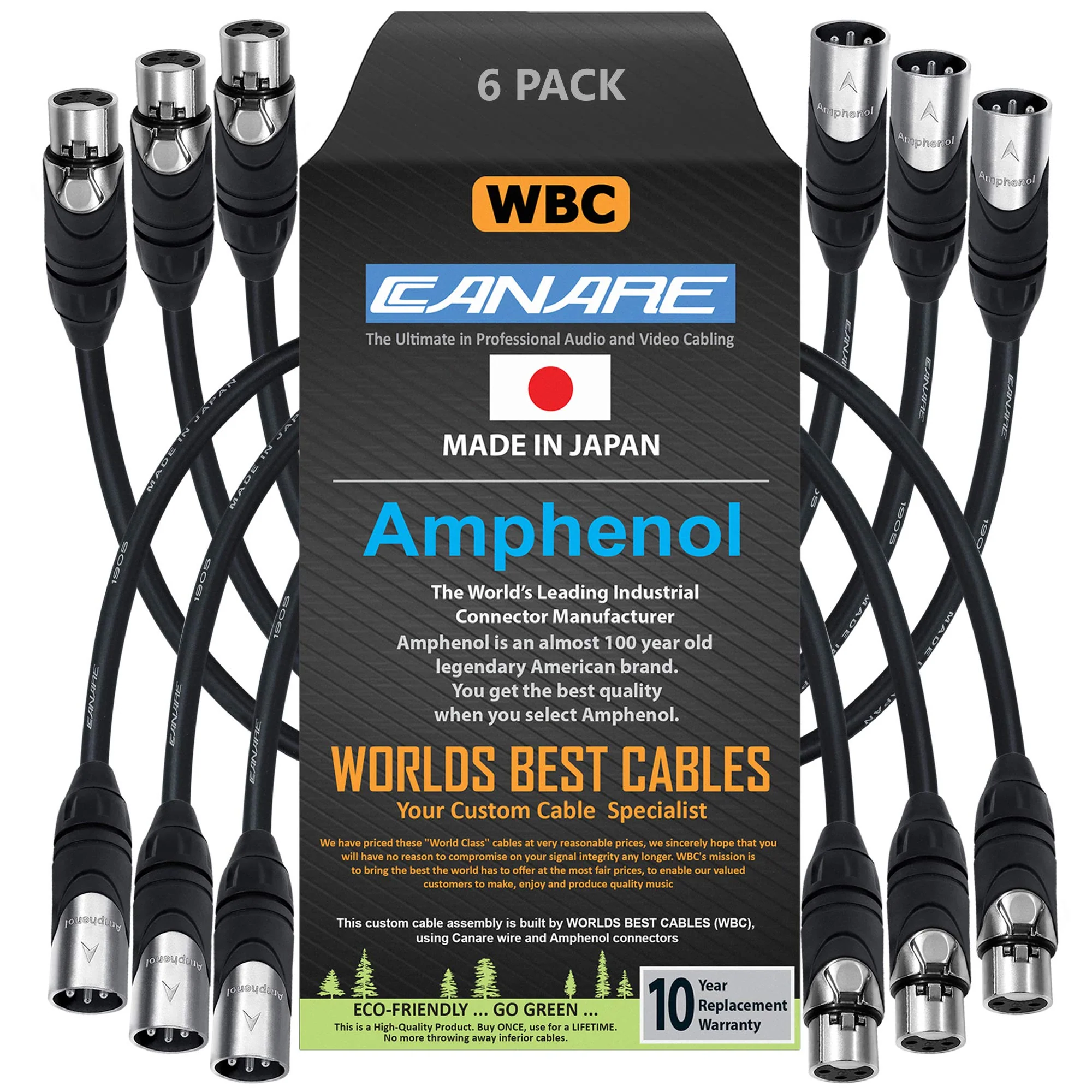 WORLDS BEST CABLES 6 Units - 6 Inch - Canare L-4E6S, Star Quad Balanced Male to Female Microphone Cables with Amphenol AX3M & AX3F Silver XLR Connectors - Custom Made