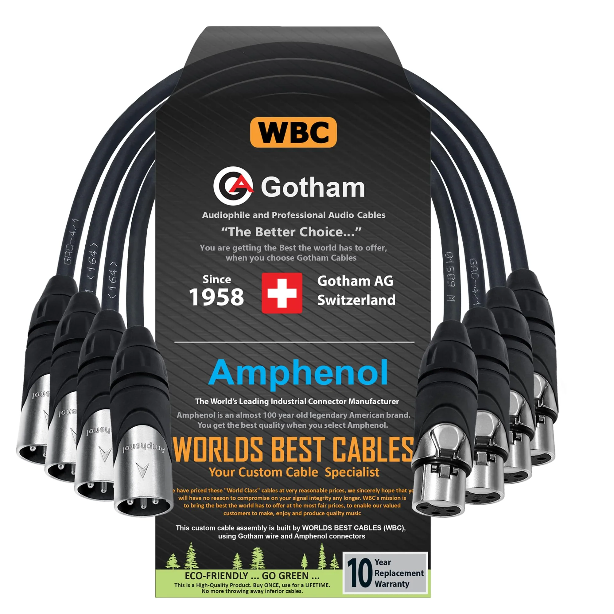 WORLDS BEST CABLES - Star Quad Balanced Male to Female Microphone Cables - Gotham GAC-4/1-4 Units - 0.5 Foot w/Amphenol AX3M & AX3F XLR Connectors