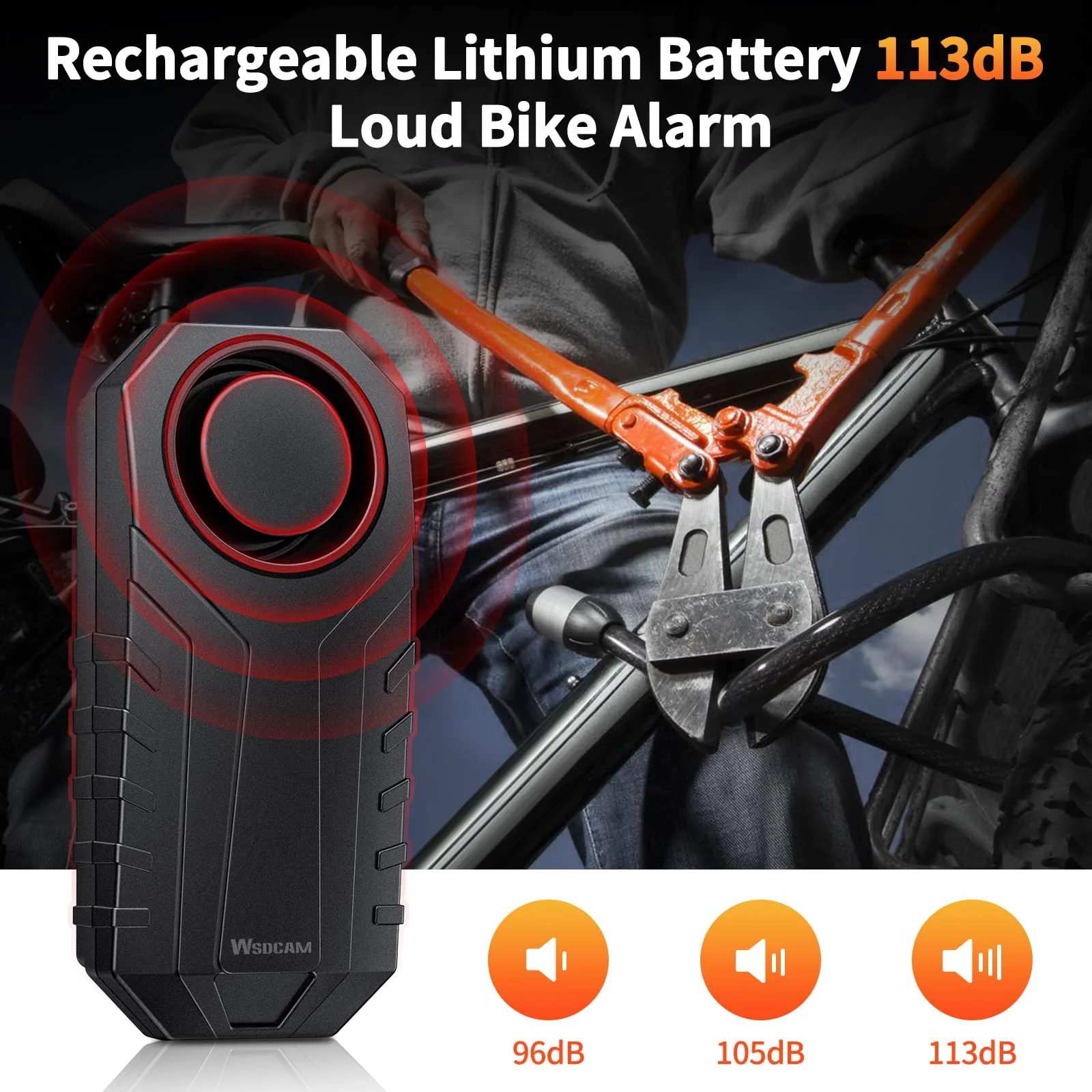 WSDCAM Wireless Bike Alarm with Remote, Rechargeable 113dB Loud Bicycle Alarm System Anti Theft, IP65 Waterproof, Bike Alarms for E-bikes, Motorcycles, Scooter, Outdoor Riding and Cycling Safety - Image 2