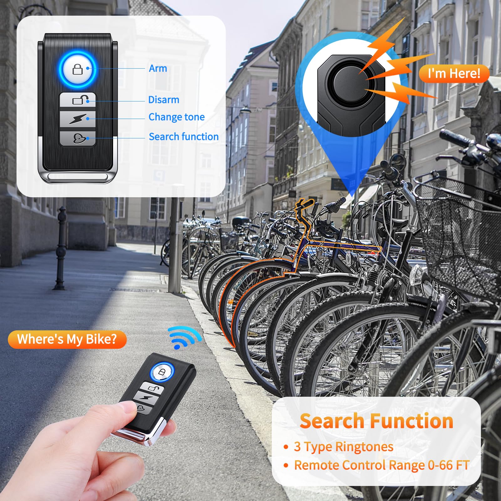 WSDCAM Wireless Bike Alarm with Remote, Rechargeable Bicycle Alarm System Anti Theft, IP65 Waterproof, 113dB Loud Bike Alarms for E-bikes, Motorcycles, Scooter, Outdoor Riding and Cycling Safety - Image 5