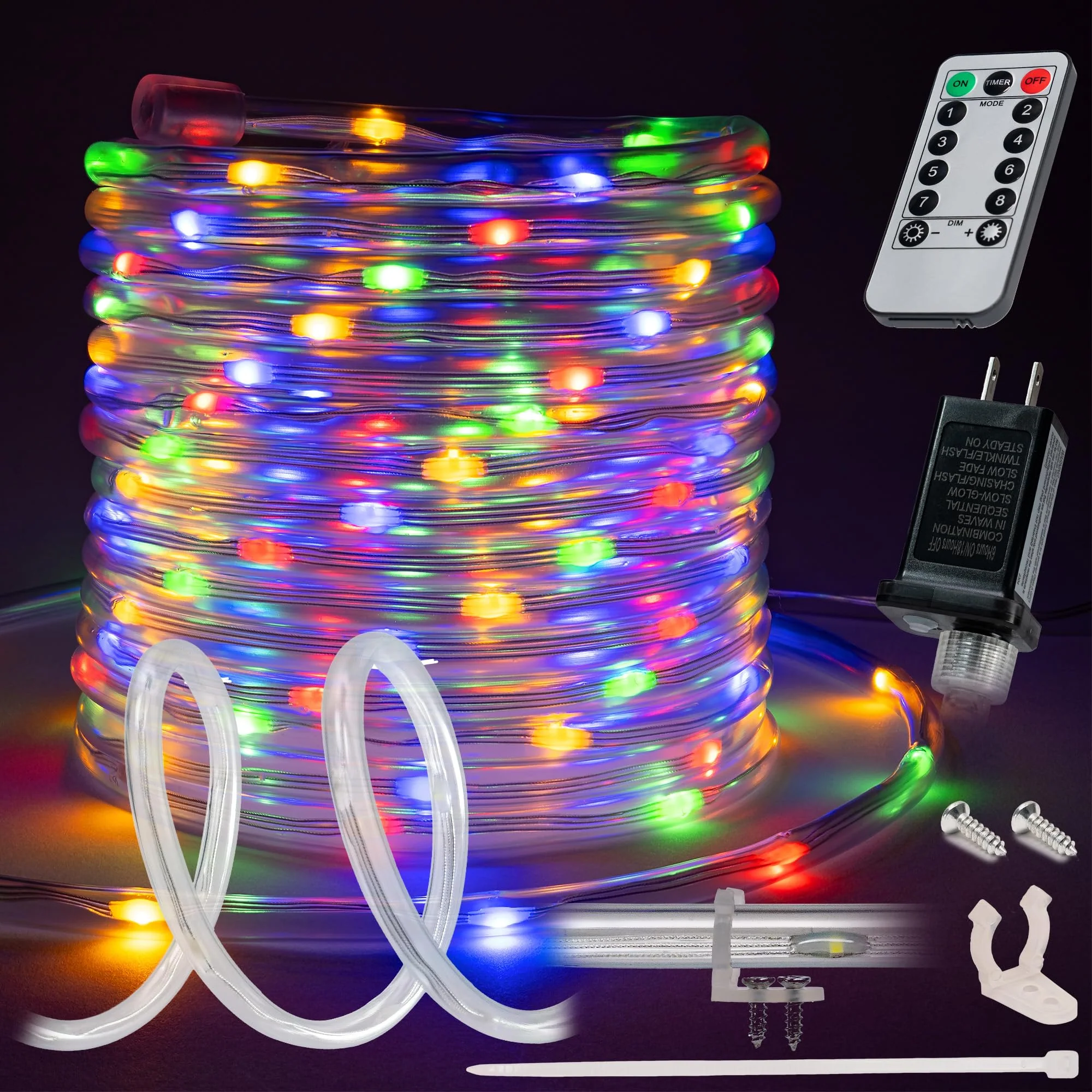 WYZworks 20ft Colorful LED Outside Rope Light - 8 Modes, Waterproof Permanent Outdoor Accent Lighting w/Remote, Flexible Clear Tube, ETL Certified, Exterior Christmas Patio Palm Tree Yard Ambient