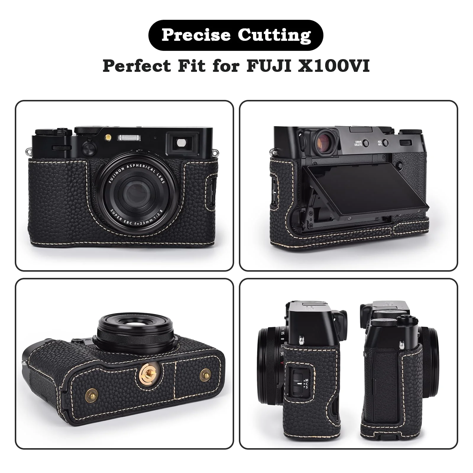 X100VI Case,Camera Half Case for X100VI,PU Leather Camera Case Compatible with X100VI Digital Camera with camera strap - Black - Image 3