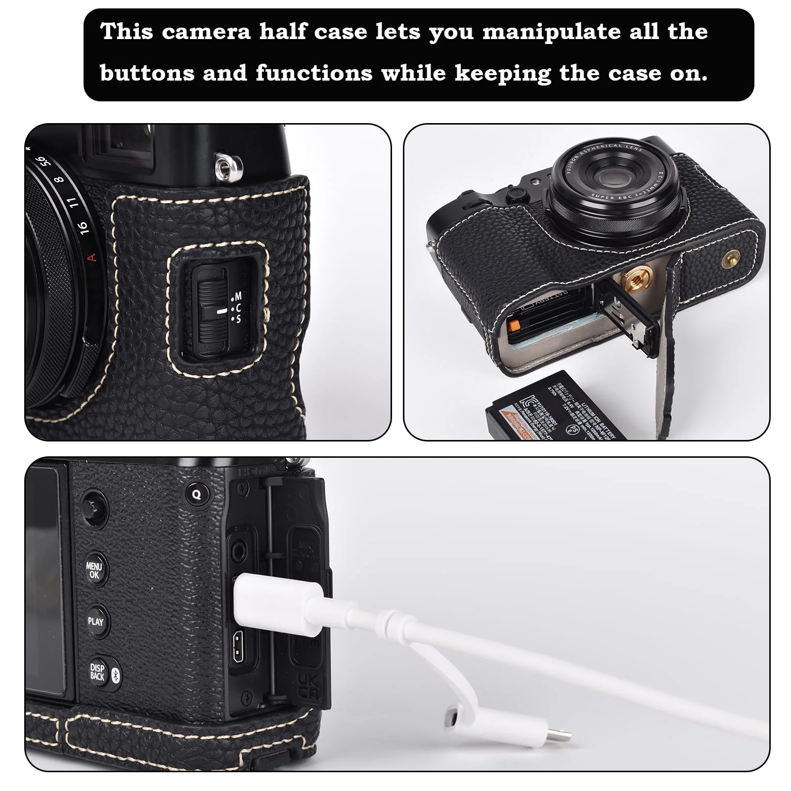 X100VI Case,Camera Half Case for X100VI,PU Leather Camera Case Compatible with X100VI Digital Camera with camera strap - Black - Image 4