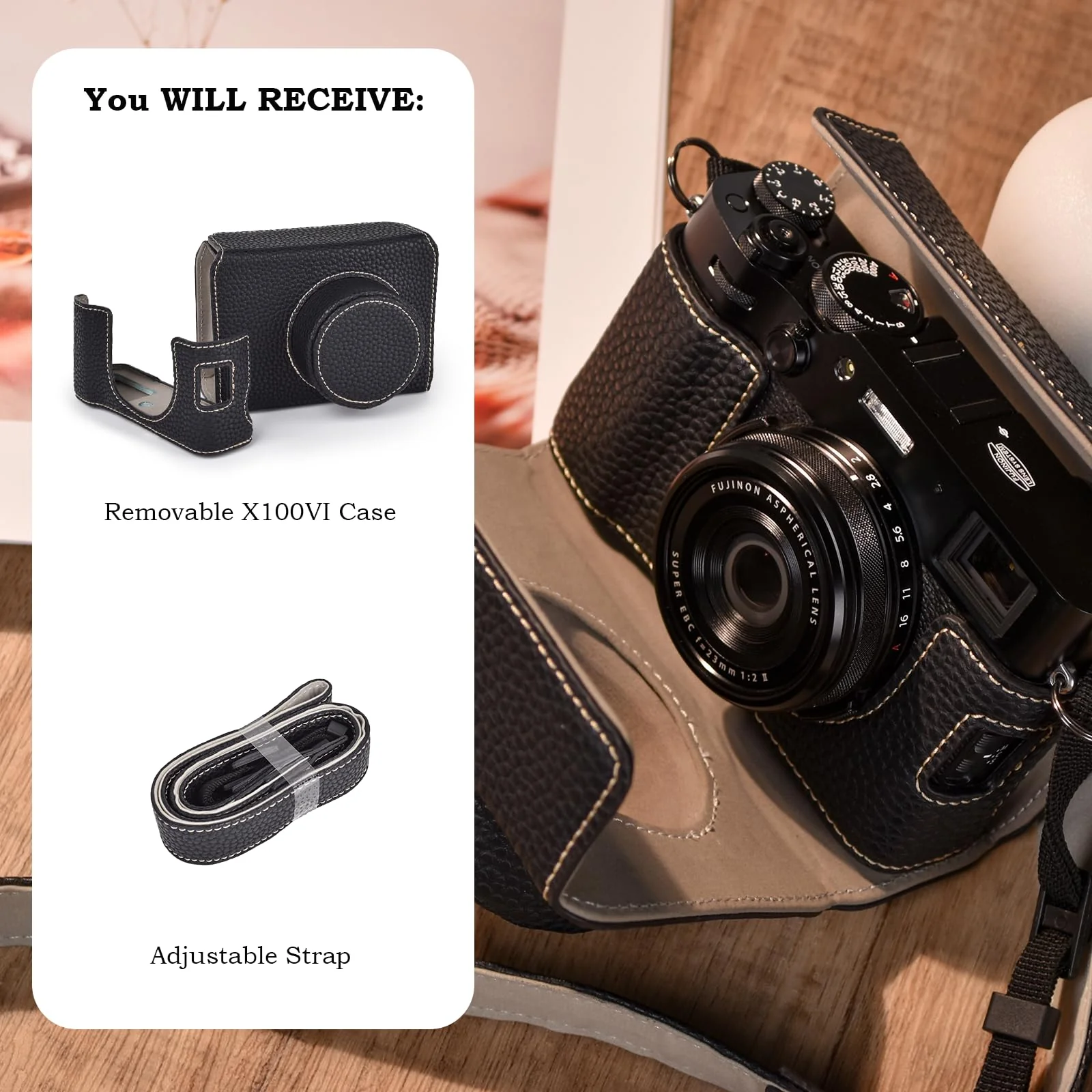X100VI Case,Camera Half Case for X100VI,PU Leather Camera Case Compatible with X100VI Digital Camera with camera strap - Black - Image 7