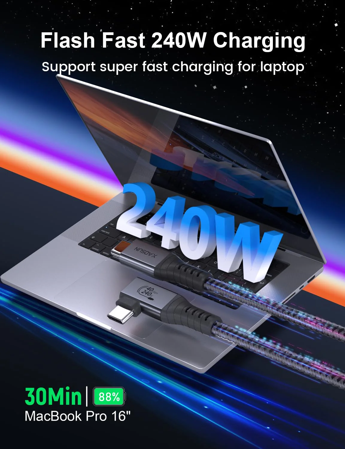 XAOSUN 240W USB4 for Thunderbolt 4 Cable 5.9ft, 90 Degree Right Angle Thunderbolt 4 Cable, Support 240W Charging, 40Gbps Transfer, 8K HD Display for iPhone 15 Pro Max MacBook Thunderbolt Dock Tablet 6FT - Image 2