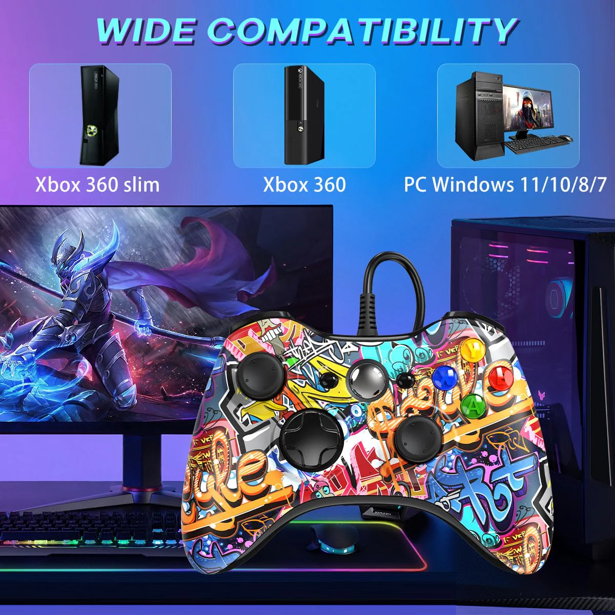 Xbox 360 Controller Wired, Xbox PC Controller, Compatible with Xbox 360/Xbox 360 Slim & PC Windows 11/10/8/7 Graffiti - Image 2