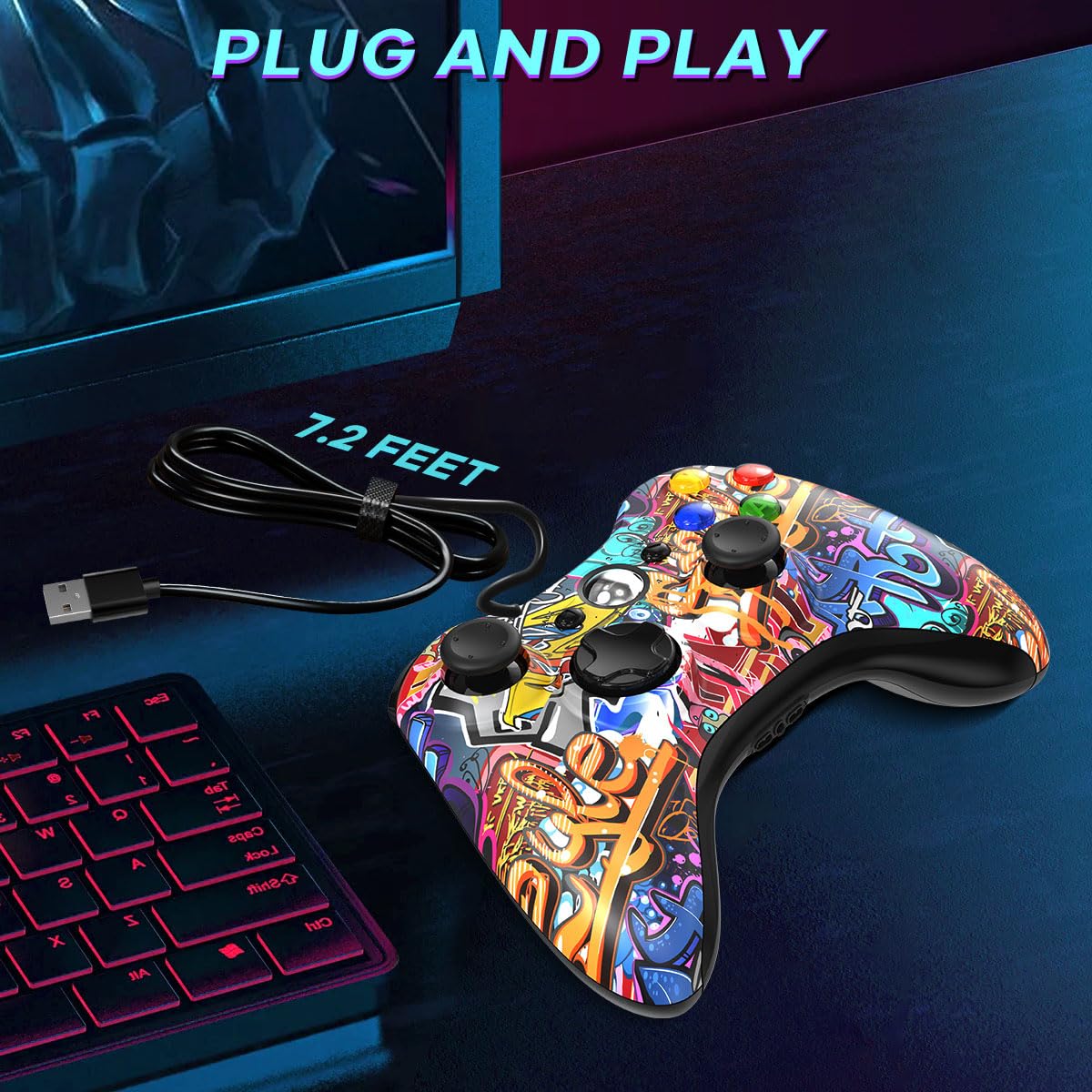 Xbox 360 Controller Wired, Xbox PC Controller, Compatible with Xbox 360/Xbox 360 Slim & PC Windows 11/10/8/7 Graffiti - Image 3