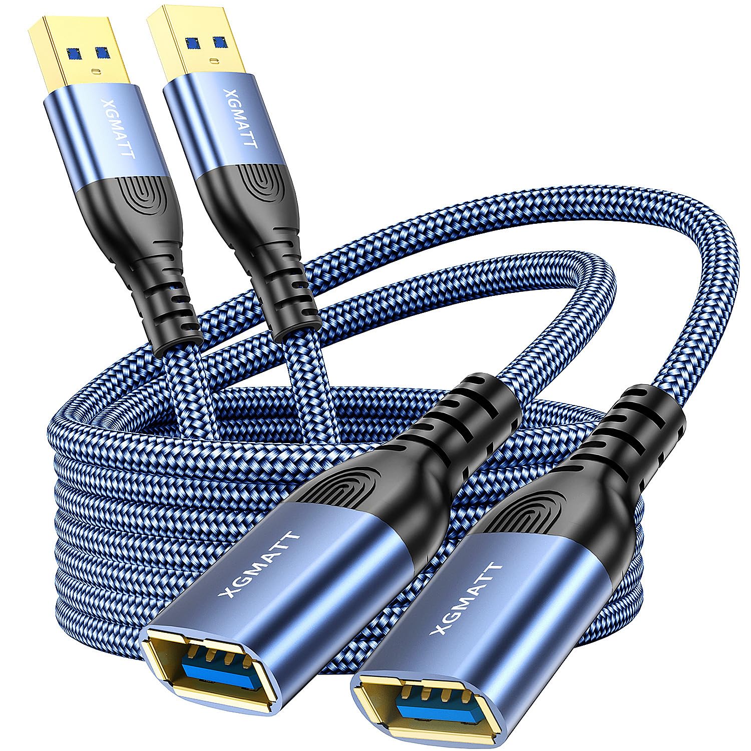 XGMATT USB Extension Cable 2 Pieces 2 m, USB 3.0 Extension Cable A Male to A Female with Elegant Aluminium Connectors, Nylon Fabric Sheath for Card Reader, Keyboard, Printer, Scanner, Camera 2-blue