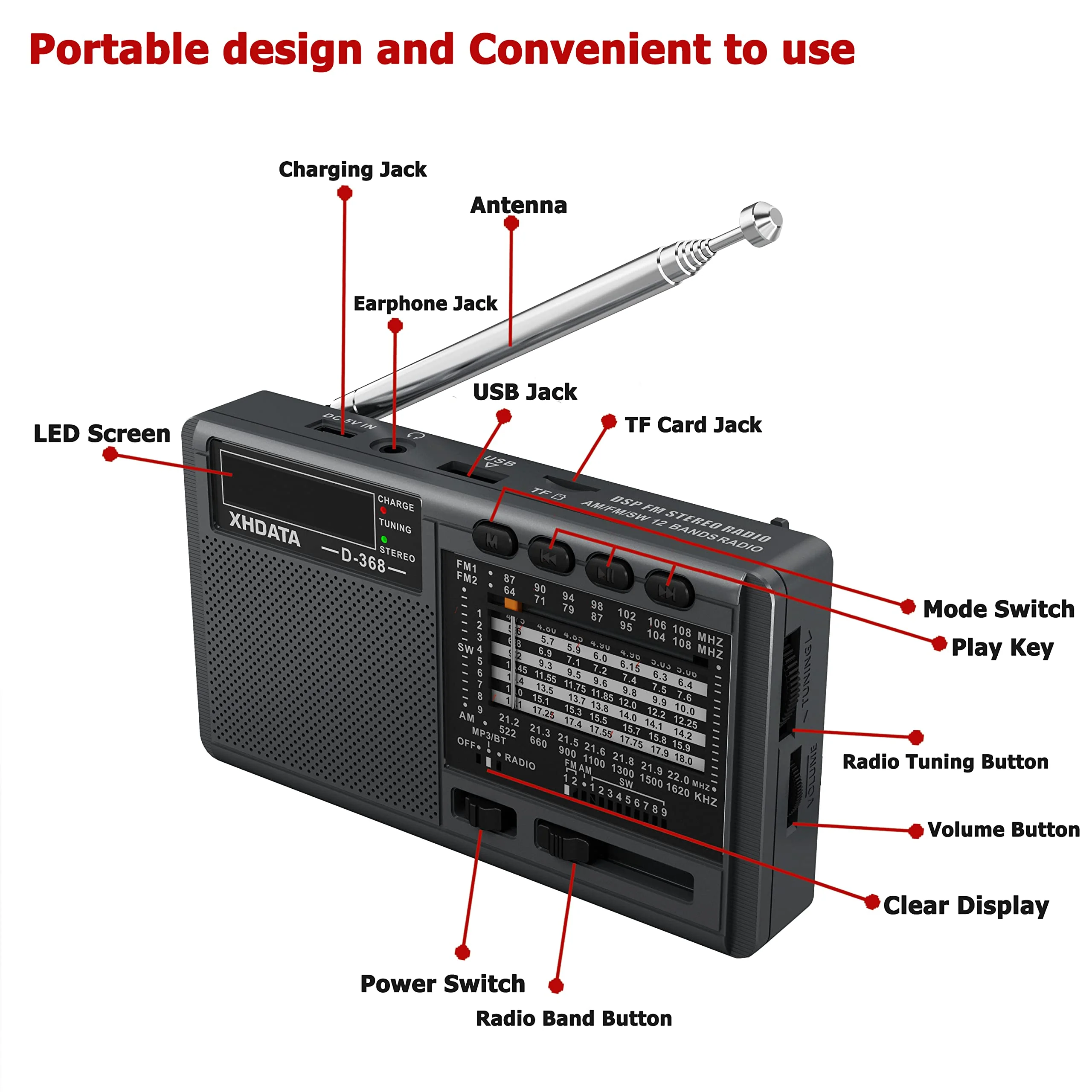 XHDATA D368 Shortwave AM FM 12 Band DSP Stereo Portable Radio MP3 Player Wireless BT Speaker with Rechargeable Battery Multimedia Speaker Support Micro SD Card USB Flash Drives (Black) - Image 5