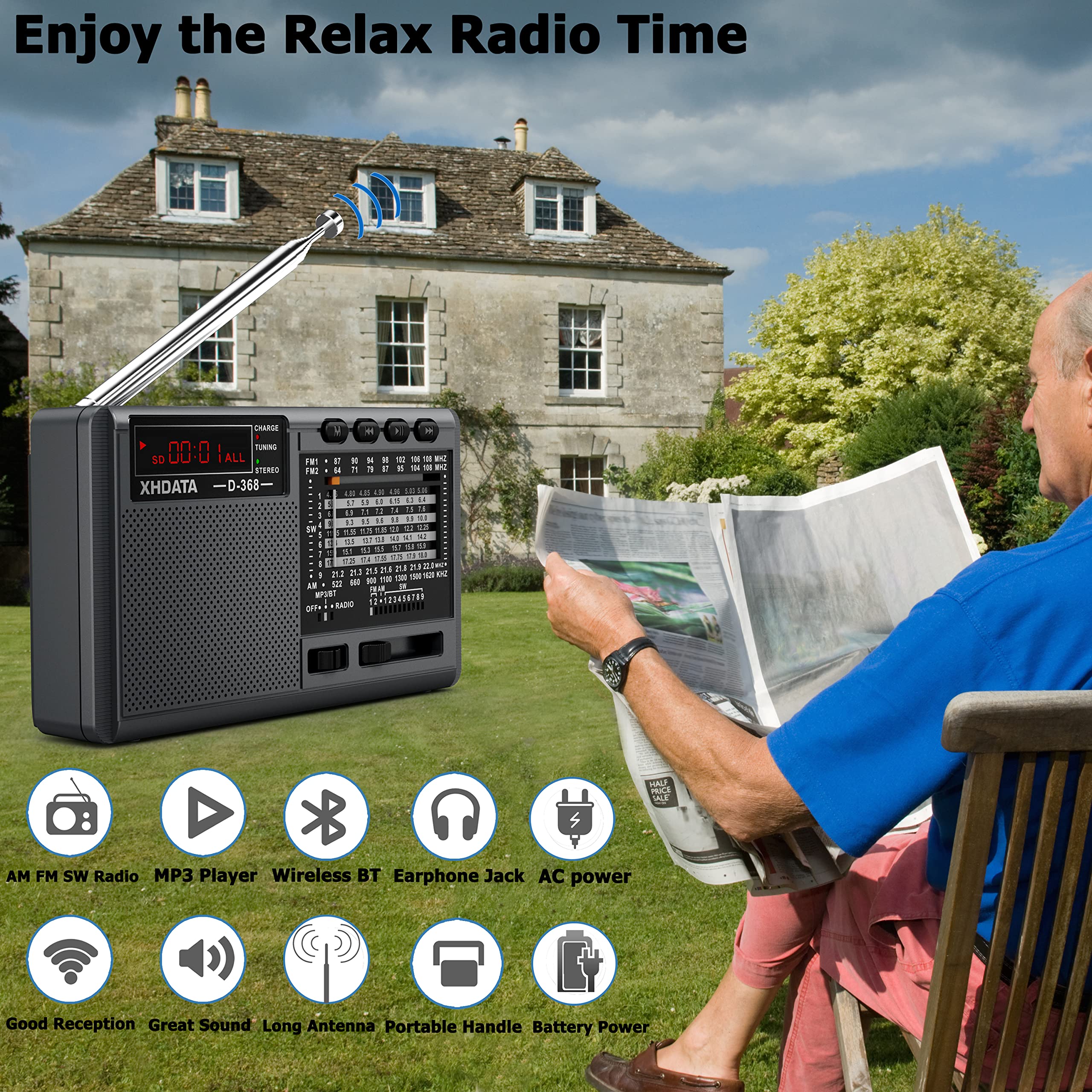 XHDATA D368 Shortwave AM FM 12 Band DSP Stereo Portable Radio MP3 Player Wireless BT Speaker with Rechargeable Battery Multimedia Speaker Support Micro SD Card USB Flash Drives (Black) - Image 6
