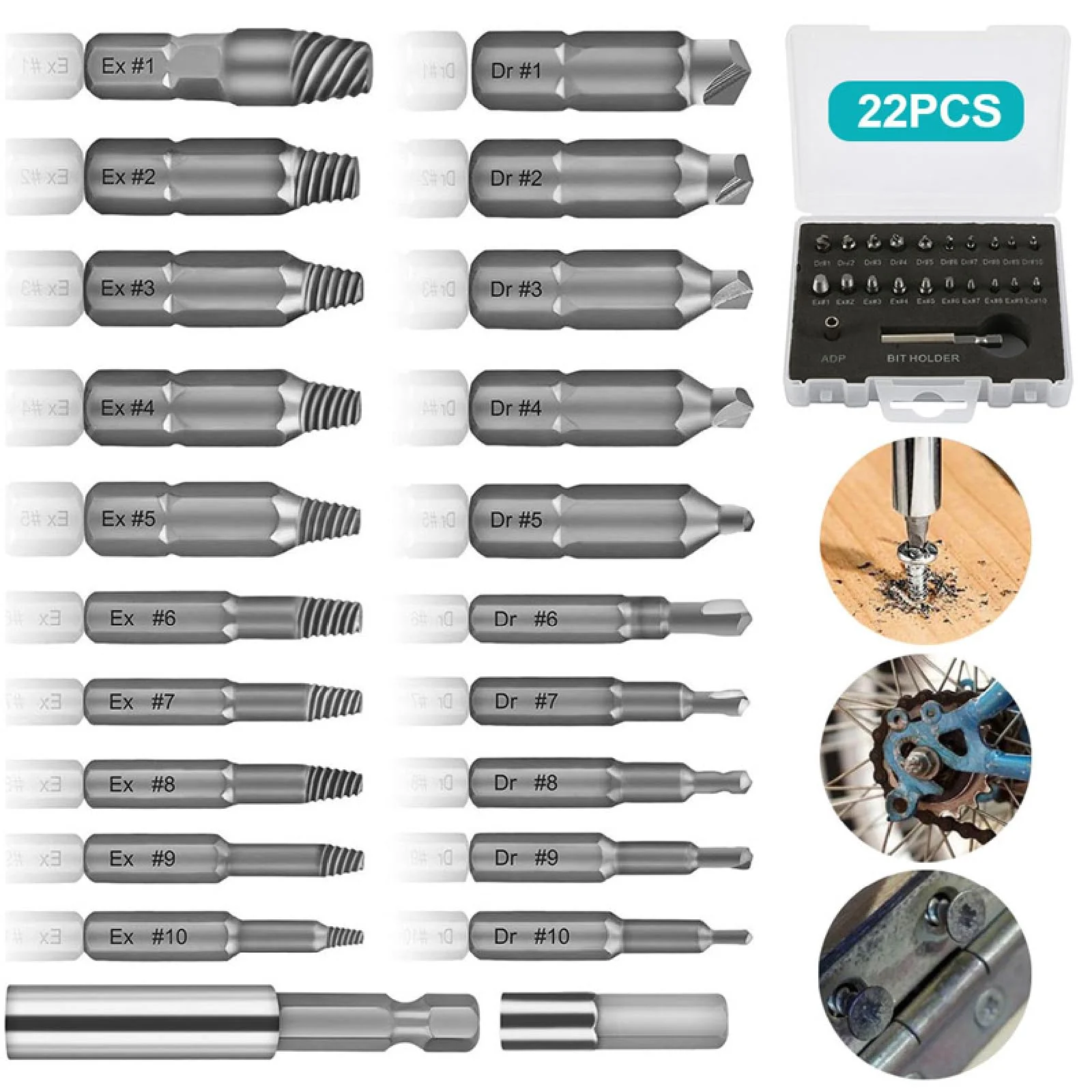 Xiciki Screw Extractor Set for Damaged Screws 2-12 mm Left Extractor Set with Drills, Extractors, Bit Extension Set of 22