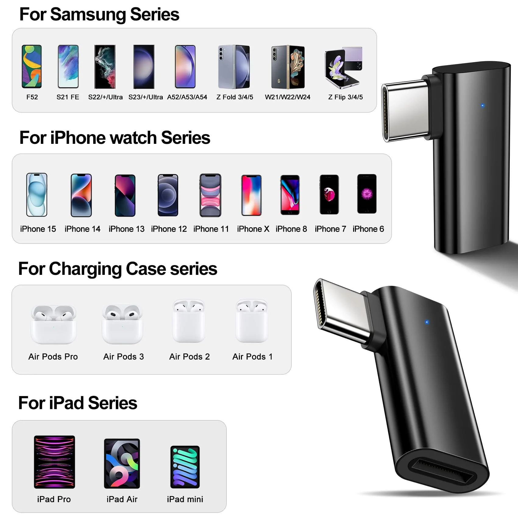 xiwxi 2Pack 90 Degree Lightning to USB C Charger Converter for iPhone 15/15Pro/15 Pro Max Plus,Samsung S24 S23,iPad Air,27W PD Fast Charging&Data Transfer,Type C Devices,Not Audio/OTG/PS/2 Cables Black - Image 2