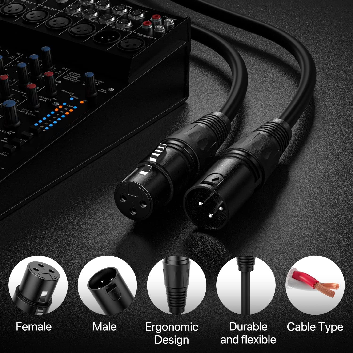 XLR Cable 1.5 Ft 6 Packs,Microphone Cables,Premium Balanced Microphone Mic Speaker Cable with 3-Pin XLR Male to Female DMX Cable,Black 1.5 Feet-6 Pack Black - Image 2