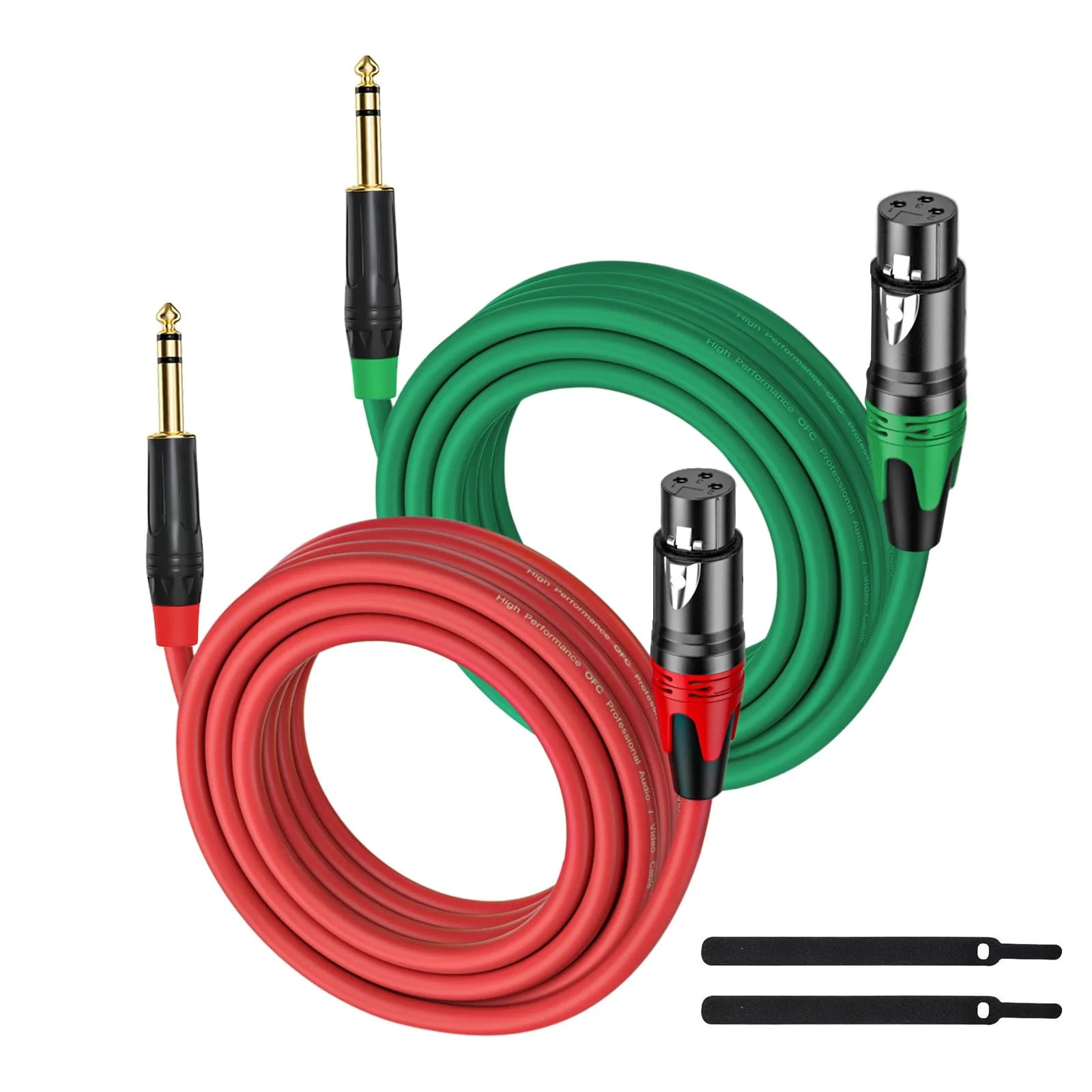 XLR Female to 1/4 (6.35mm) TRS Mono Jack Cable 25FT, 2 Pack, Red and Green, for Dynmic Microphone, Balanced 3 Pin XLR to TRS Plug Mic Cord, Plated Conductors