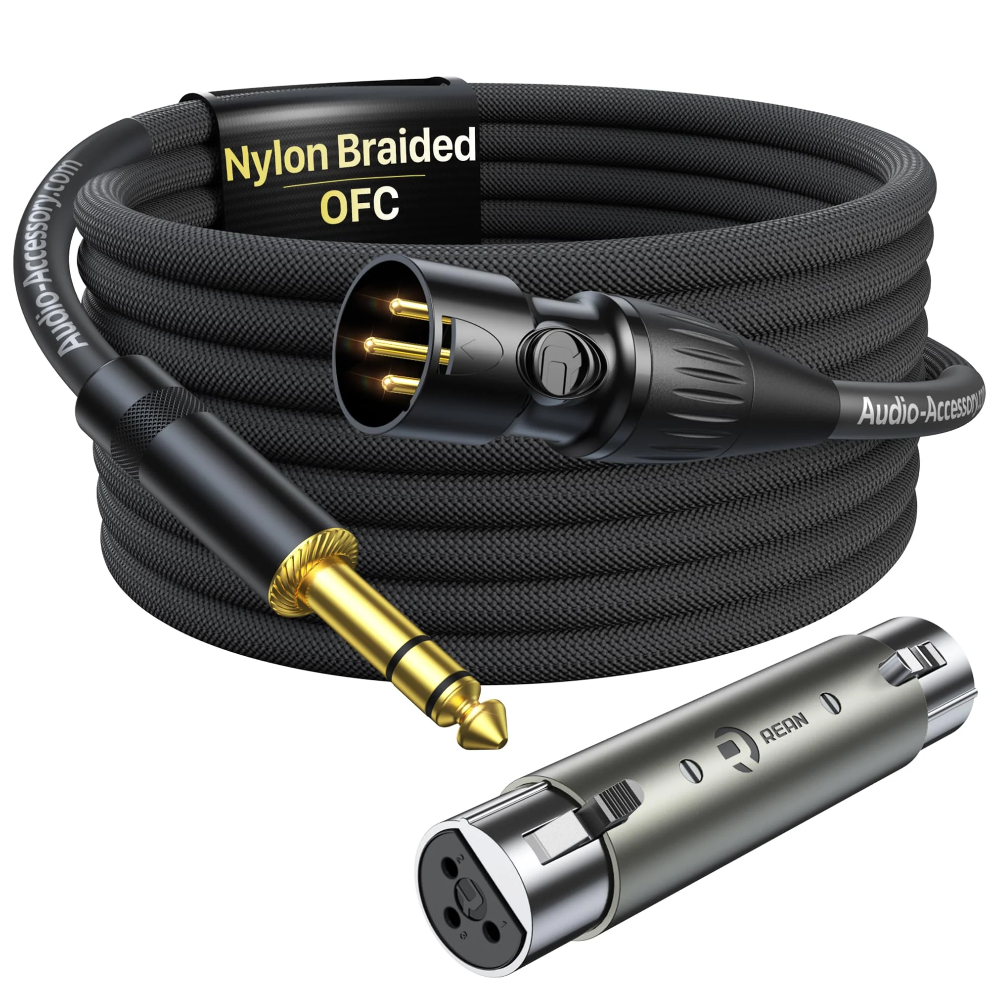 XLR Male to 1/4 Cable with XLR Female to Female Adapter Bundle, Rean Connectors from Neutrik, Kevlar-Reinforced Nylon Braided TRS Cable, Balanced Quarter Inch Cord, 6ft, OFC XLR Male to 1/4 & XLR Adapter