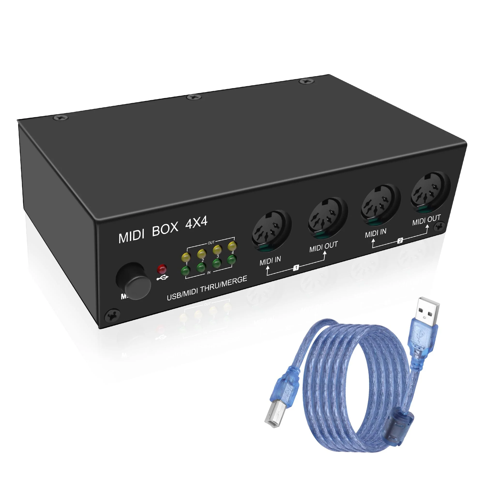XMSJSIY USB MIDI Interface Box 4 In 4 Out 64 Channel MIDI Thru Box 4 * 4 Converter with Router Merge Splitter Thru Hub with LED Indicators for PC Mac and USB MIDI instruments - 1PCS