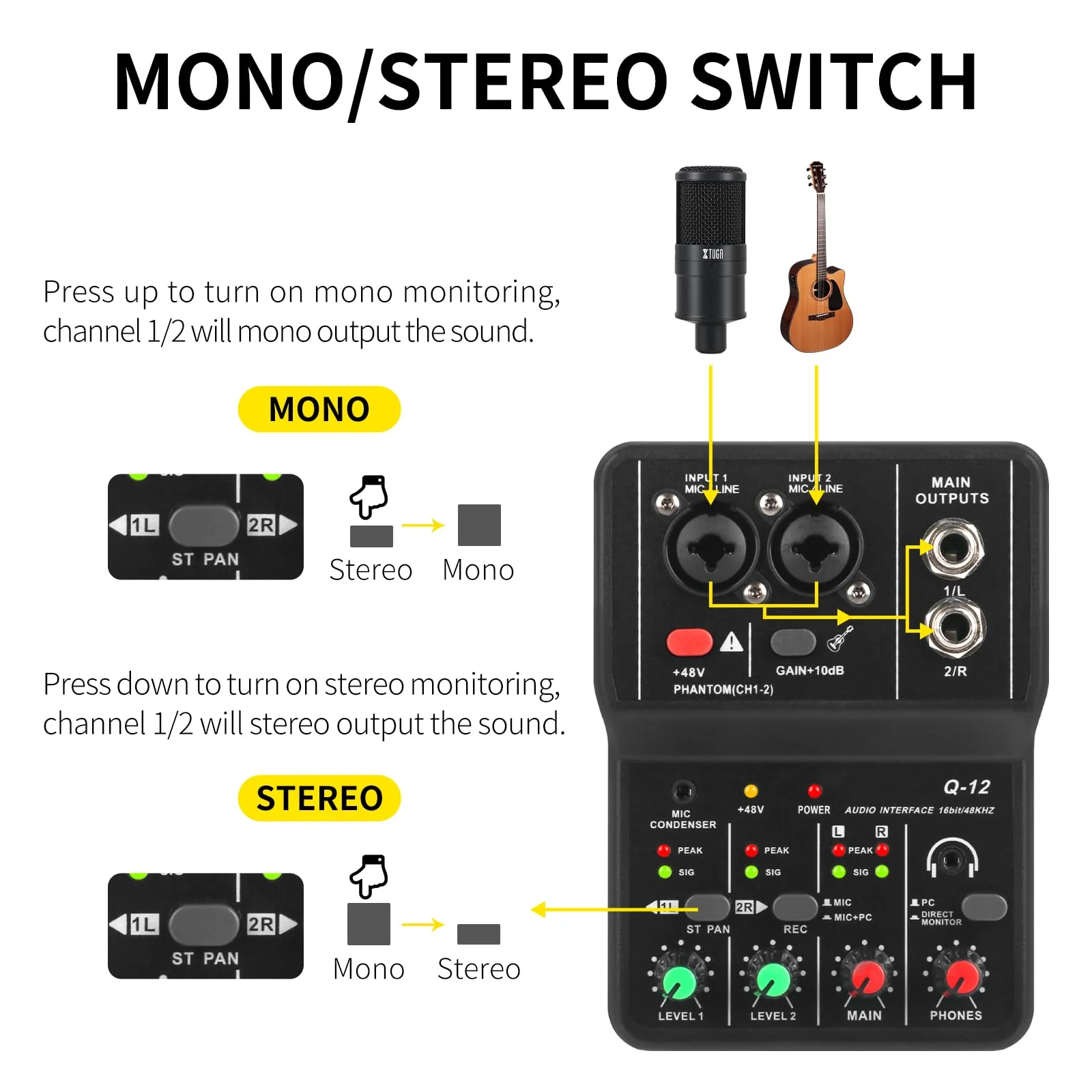 XTUGA USB Audio Interface for PC,Interface for Recording Music Computer Recording Audio Interface XLR with 3.55m Microphone Jack, USB Sound Card for Recording Studio, Ultra-low Latency Plug&Play, Q-12 - Image 3