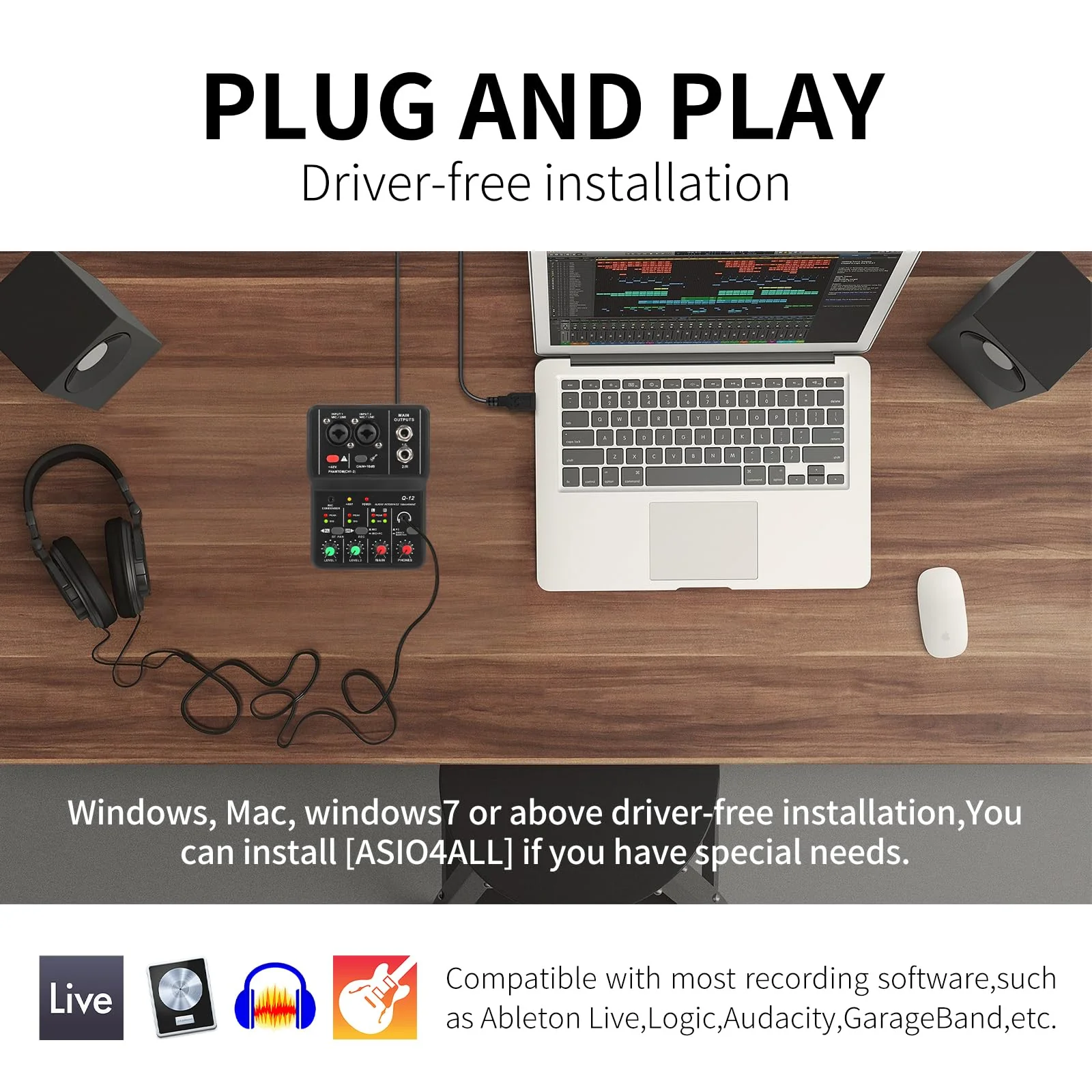 XTUGA USB Audio Interface for PC,Interface for Recording Music Computer Recording Audio Interface XLR with 3.55m Microphone Jack, USB Sound Card for Recording Studio, Ultra-low Latency Plug&Play, Q-12 - Image 5