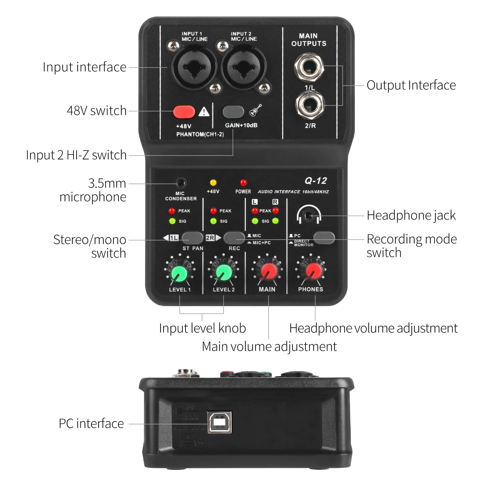 XTUGA USB Audio Interface for PC,Interface for Recording Music Computer Recording Audio Interface XLR with 3.55m Microphone Jack, USB Sound Card for Recording Studio, Ultra-low Latency Plug&Play, Q-12 - Image 7