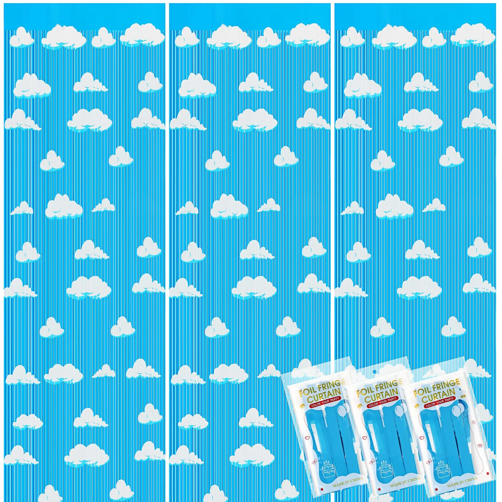 XunYee 3 Pack Blue Sky White Clouds Birthday Party Supplies, Clouds Theme Tinsel Foil Fringe Curtains Toy Party Supplies, Baby Kids Shower Cartoon Story Birthday Party Decorations