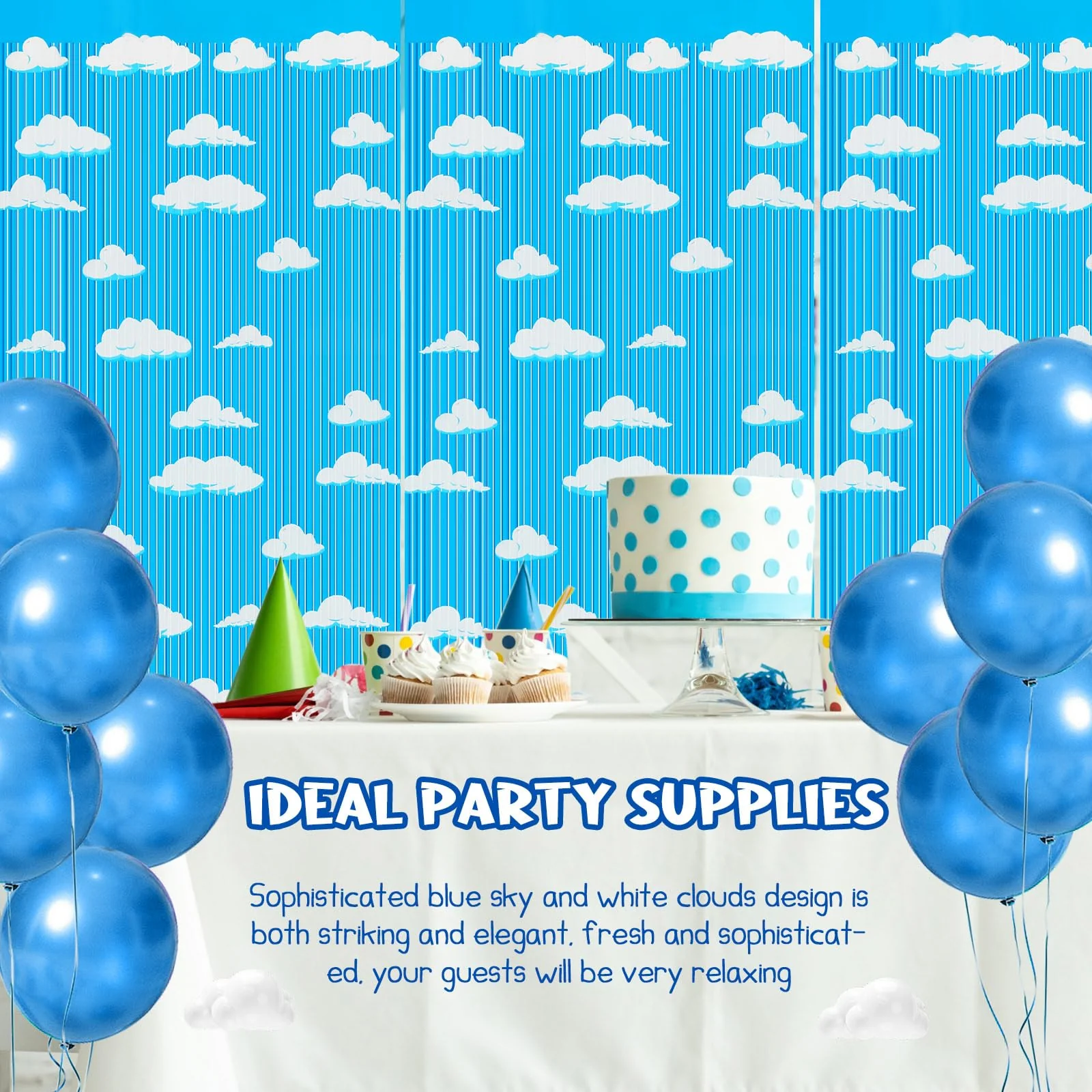 XunYee 5 Pack Blue Sky White Clouds Birthday Party Supplies, Clouds Theme Tinsel Foil Fringe Curtains Toy Party Supplies, Baby Kids Shower Cartoon Story Birthday Party Decorations - Image 2