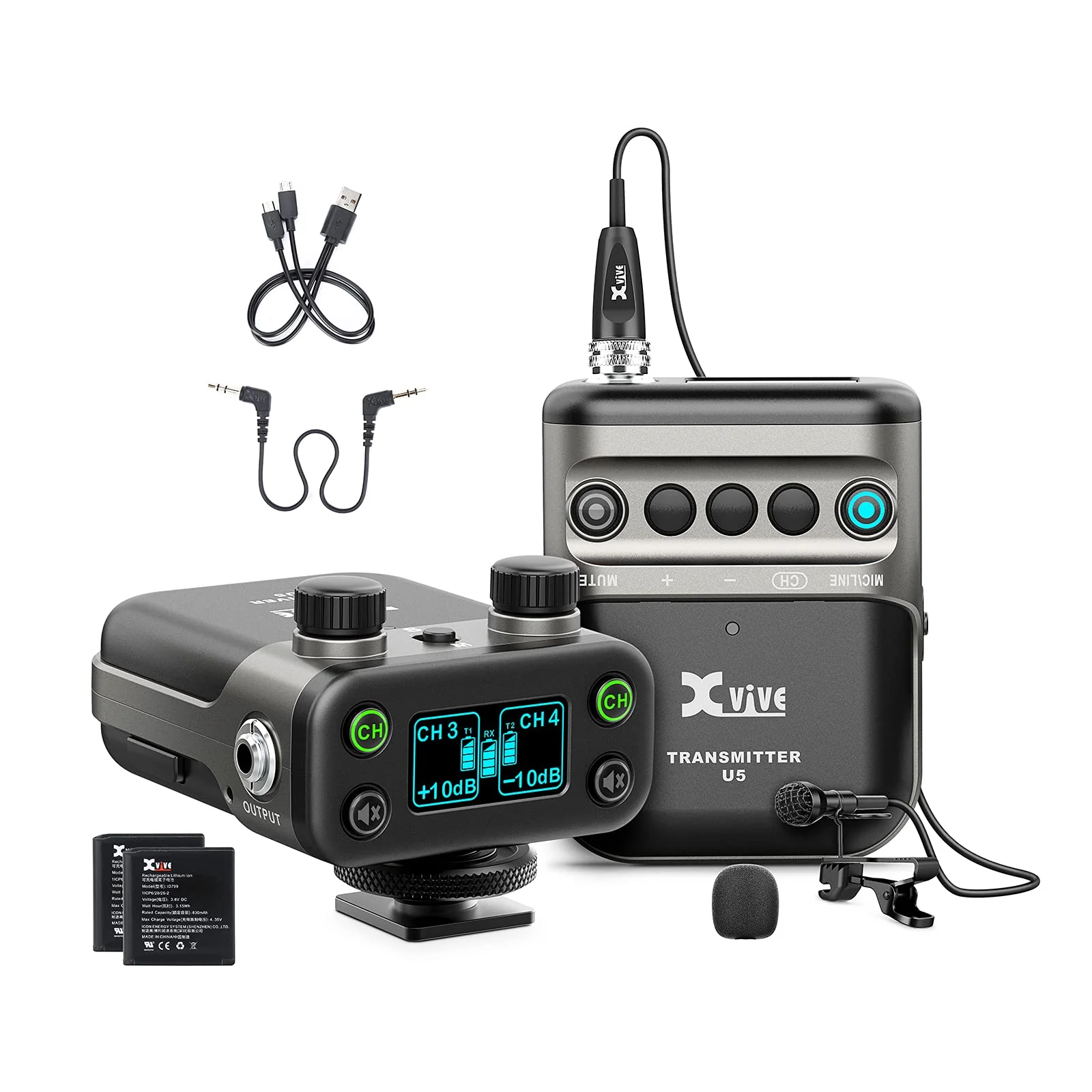Xvive U5 Wireless Lavalier Microphone System 2.4Ghz Dual Channel with LV1 Lavalier Mic for DSLR Camera,Digital Camera,Recorder,Smart Phone for Recording YouTube TikTok Vlogging