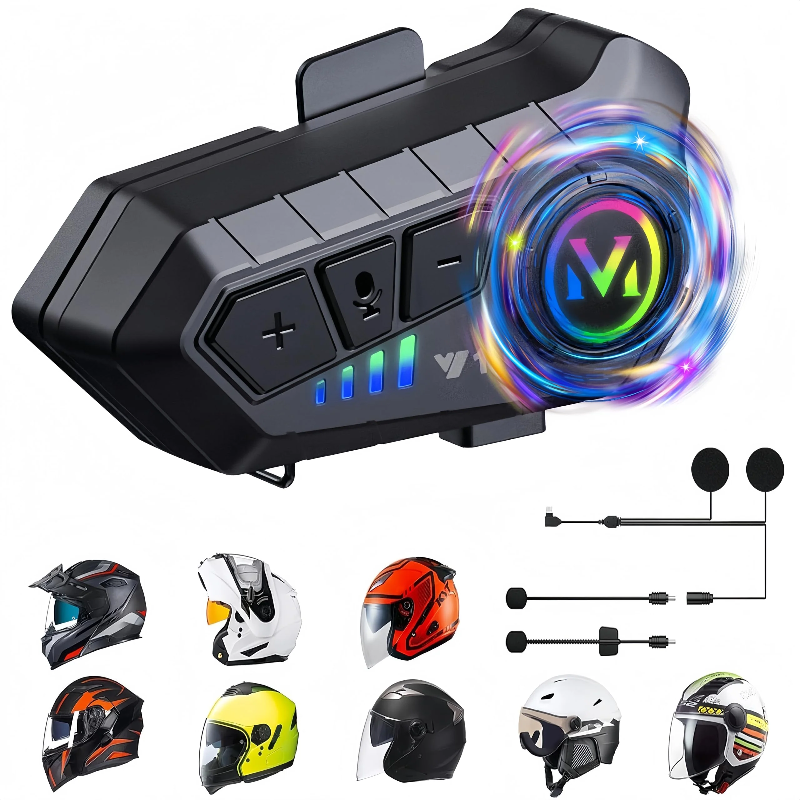 Y10 Motorcycle Helmet Bluetooth Headset with HIFI Stereo Sound,Noise Reduction,1000mAh Battery,Helmet Bluetooth Headset Speakers with RGB,IPX6 Waterproof,Hand Free,Easy Set Up