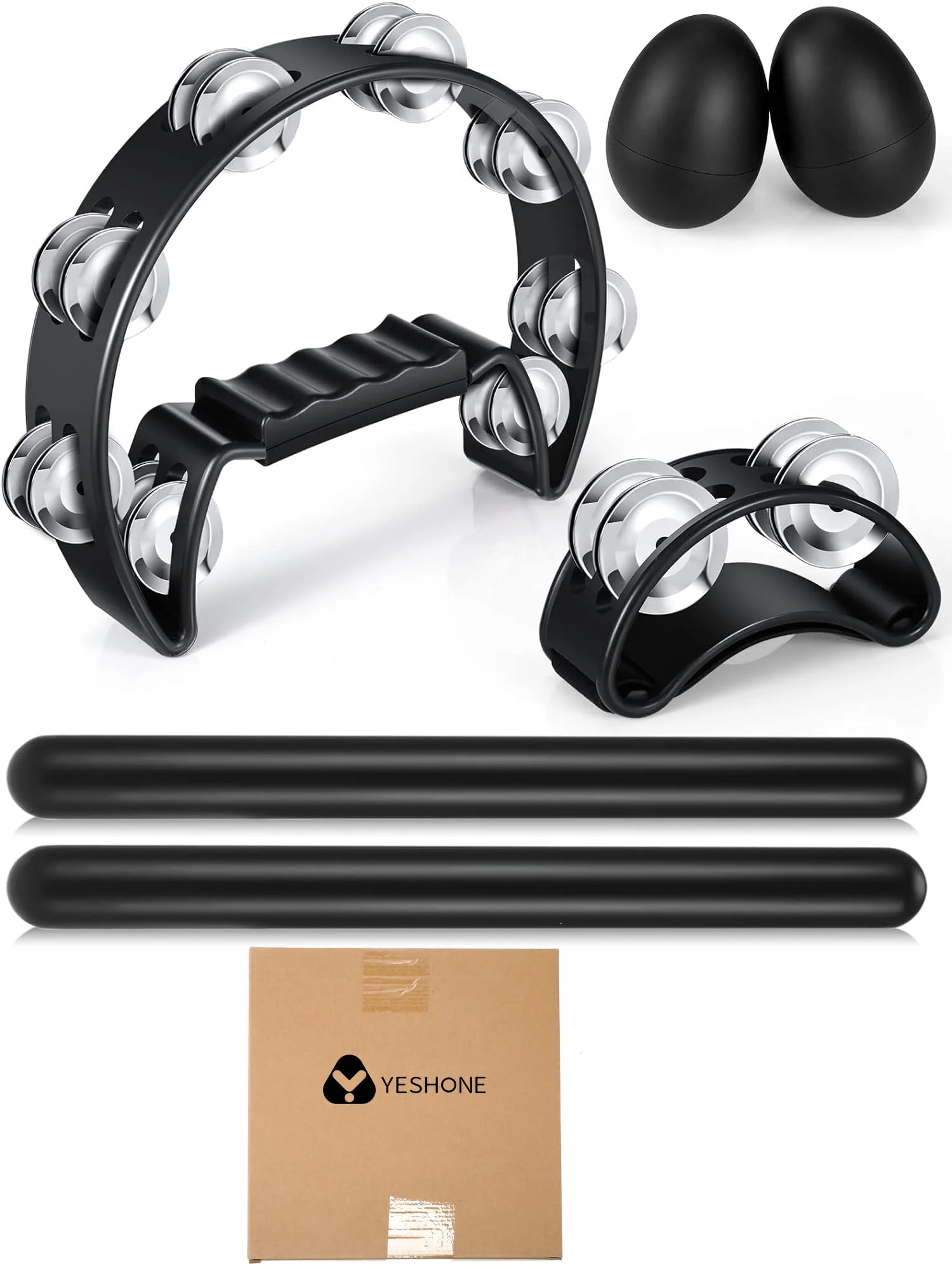 Yeshone 6 Pcs Tambourines for Adults, Hand Held Half Moon Tambourine Foot with Bells Wood Rhythm Sticks Egg Shakers Musical Hand Percussion Instrument Set for School Party Music Supplies, Black - Image 8