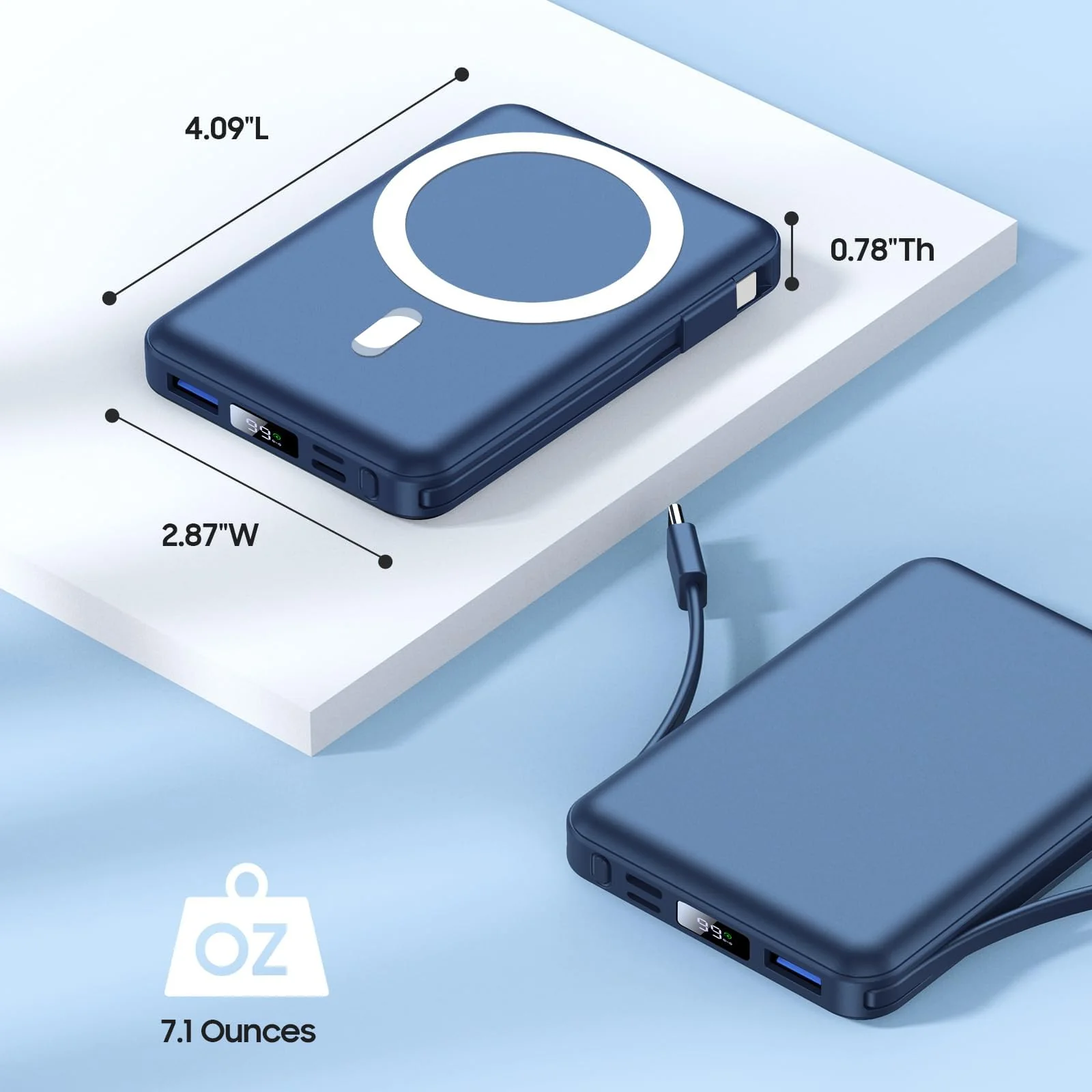 Yiisonger for Magsafe Battery Pack - 10000mAh Portable Charger for Mag-Safe 22.5W PD Fast Charging with Built-in Cables LED Display, Magnetic Power Bank for iPhone 16/15/14/13/12/Pro/Mini/Pro Max Blue - Image 3