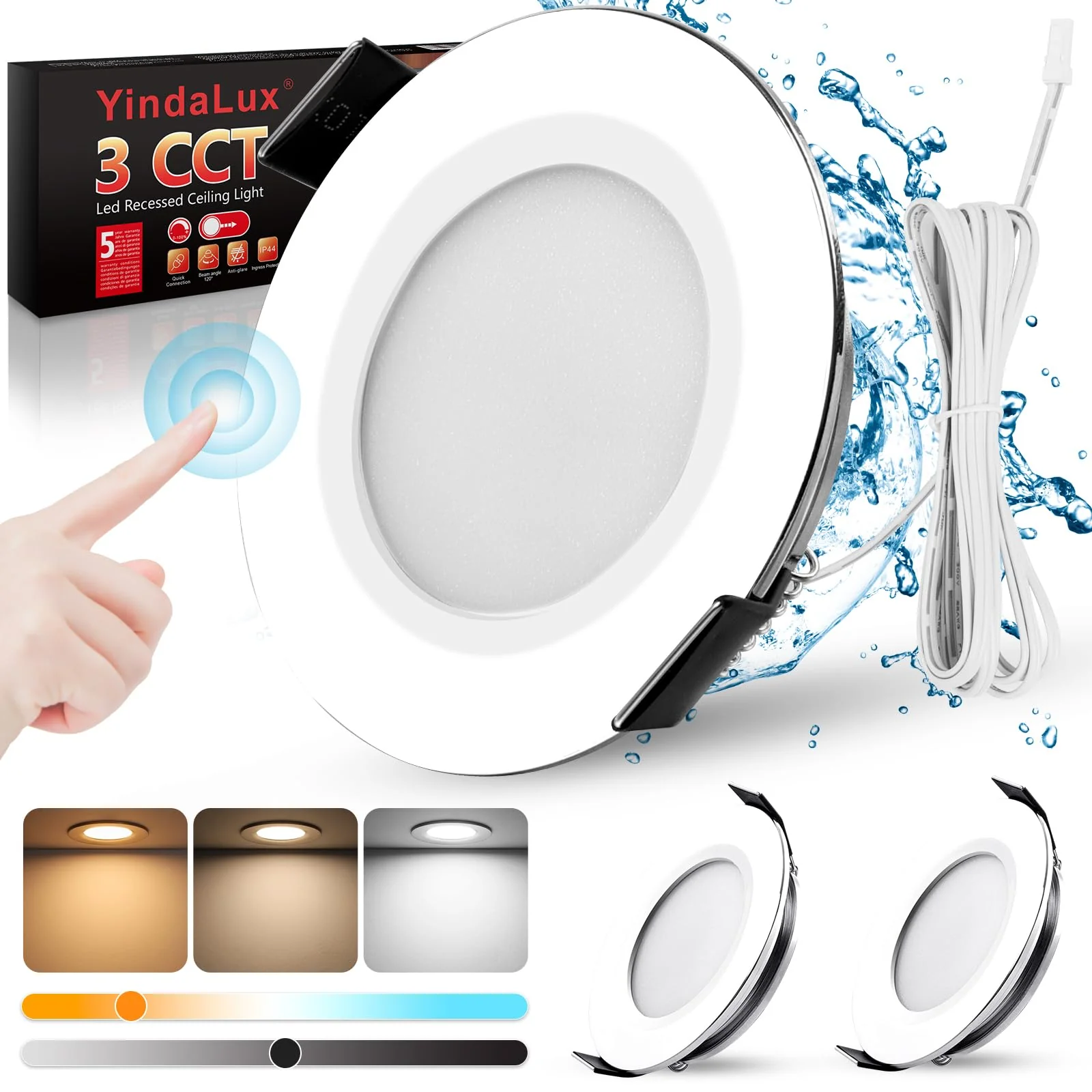 YindaLux LED Recessed Spotlight 12 V Touch Control Warm White Neutral White Cool White LED Spot Dimmable 3 W IP44 Recessed Spotlights 60 mm Hole Size Recessed Lights for Caravan Kitchen Aluminium Chrome