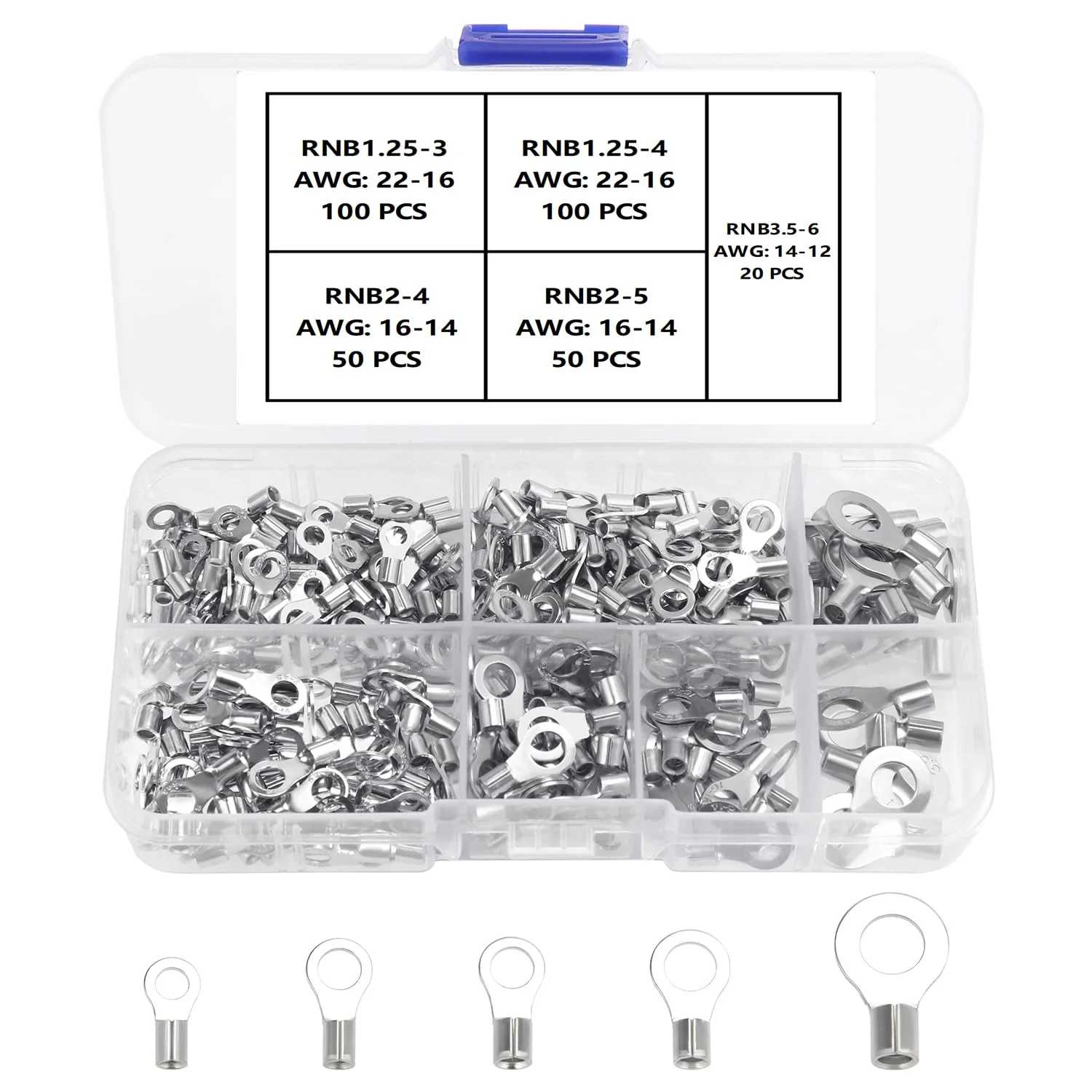 YIXISI 320 Pieces M3/M4/M5/M6 Non-Insulated Ring Wire Terminals Kit, Ring Terminals Crimp Connectors, O-type Wire Crimp Copper Terminal Connector, Copper Lugs Terminals Plug, AWG 22-16 16-14 14-12