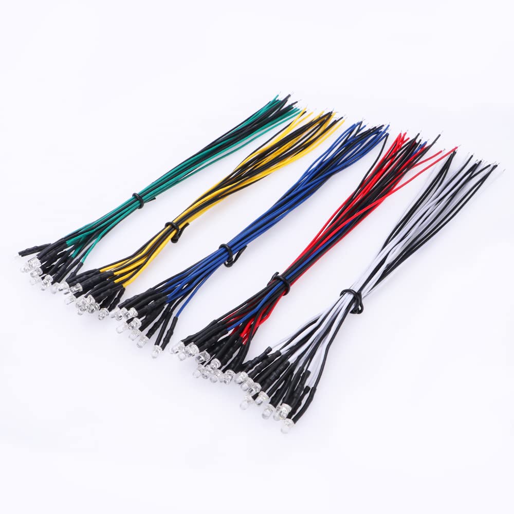 Yixisi Pack Of 50 Pre-wired Led, Diodes Light, 12 V Pre-wired Light, 3 mmm LEDs, 20 cm (Red, Yellow, Green, Blue, White, 10 Pieces each) Multicoloured-50