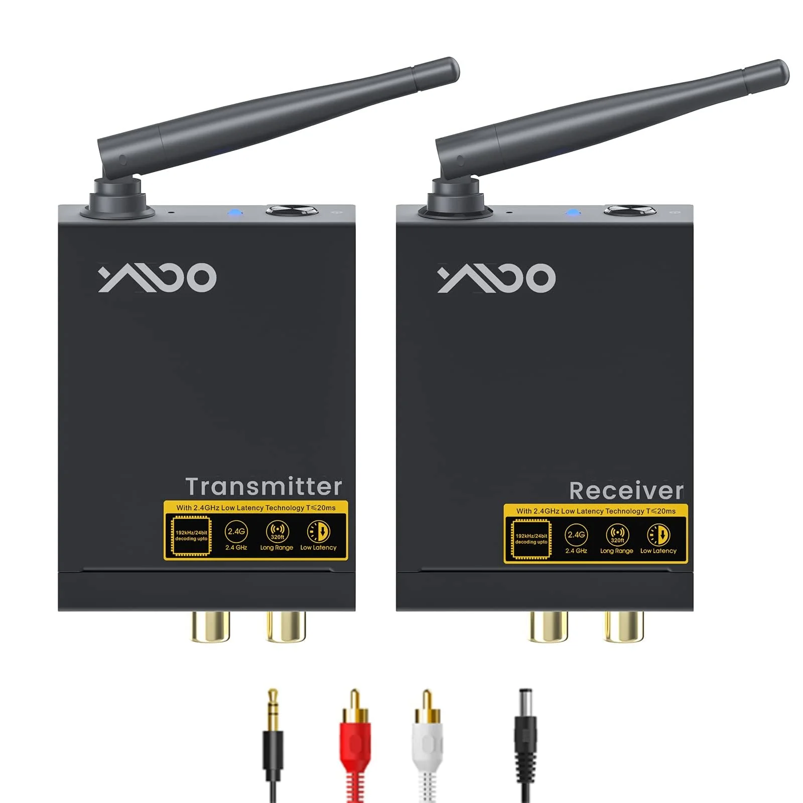 YMOO 2.4Ghz Wireless Audio Transmitter Receiver,48kHz/24bit HiFi Audio,20ms Ultra Low Latency,320ft Long Range RCA Jack Adapter for Speaker/soundbar to TV/PC/CD Player/Computer/Projector RT5066