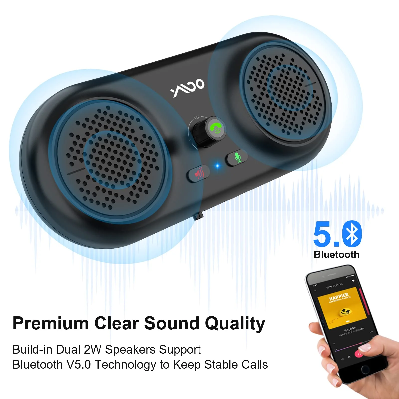 YMOO Bluetooth 5.0 Wireless Car Speakerphone with Visor Clip, Handsfree Auto On/Off, Dual Speaker Support for Siri and Google Assistant, Portable Handsfree Talking Car Kit - Image 2