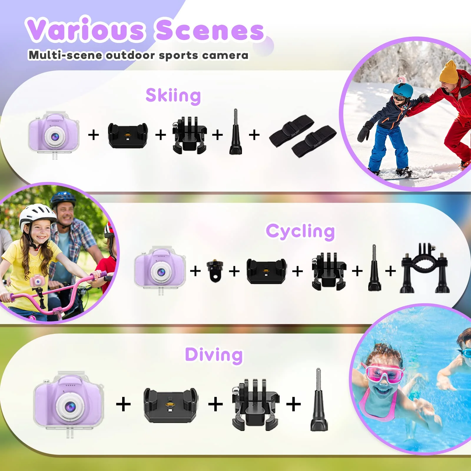 Yoophane Gifts for 6 7 8 9 10 Year Old Girls Kids Waterproof Camera Christmas Birthday Gifts Toys for Girls Age 3-12 1080P Digital Toddler Camera with 32GB SD Card (Purple) Purple - Image 3