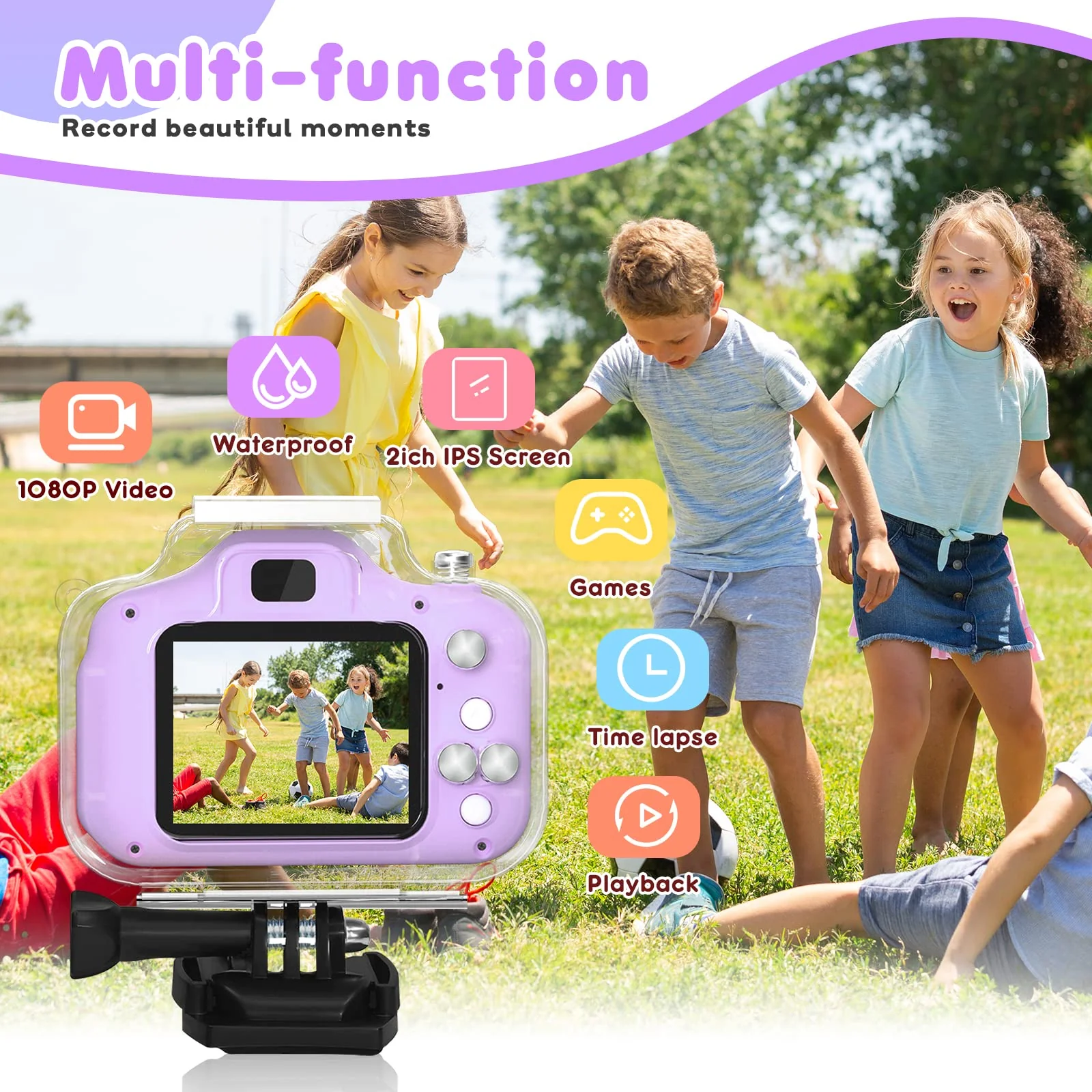 Yoophane Gifts for 6 7 8 9 10 Year Old Girls Kids Waterproof Camera Christmas Birthday Gifts Toys for Girls Age 3-12 1080P Digital Toddler Camera with 32GB SD Card (Purple) Purple - Image 5
