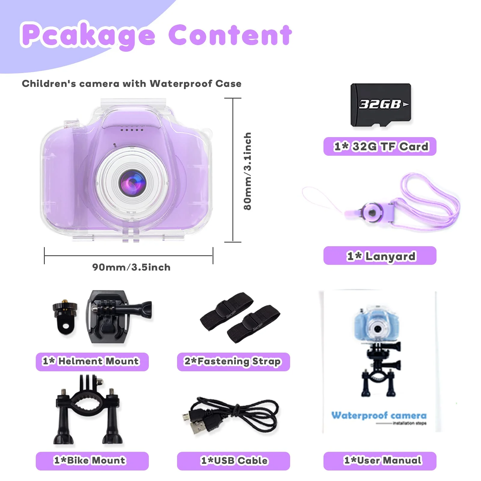 Yoophane Gifts for 6 7 8 9 10 Year Old Girls Kids Waterproof Camera Christmas Birthday Gifts Toys for Girls Age 3-12 1080P Digital Toddler Camera with 32GB SD Card (Purple) Purple - Image 6