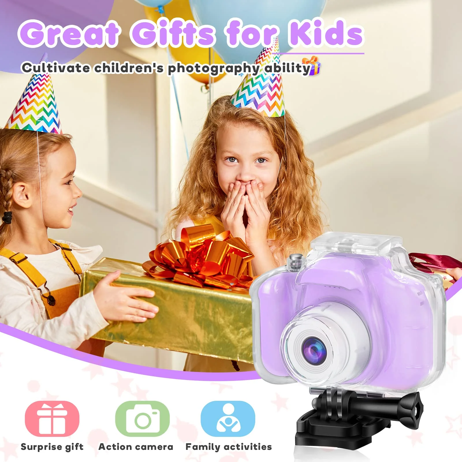Yoophane Gifts for 6 7 8 9 10 Year Old Girls Kids Waterproof Camera Christmas Birthday Gifts Toys for Girls Age 3-12 1080P Digital Toddler Camera with 32GB SD Card (Purple) Purple - Image 7