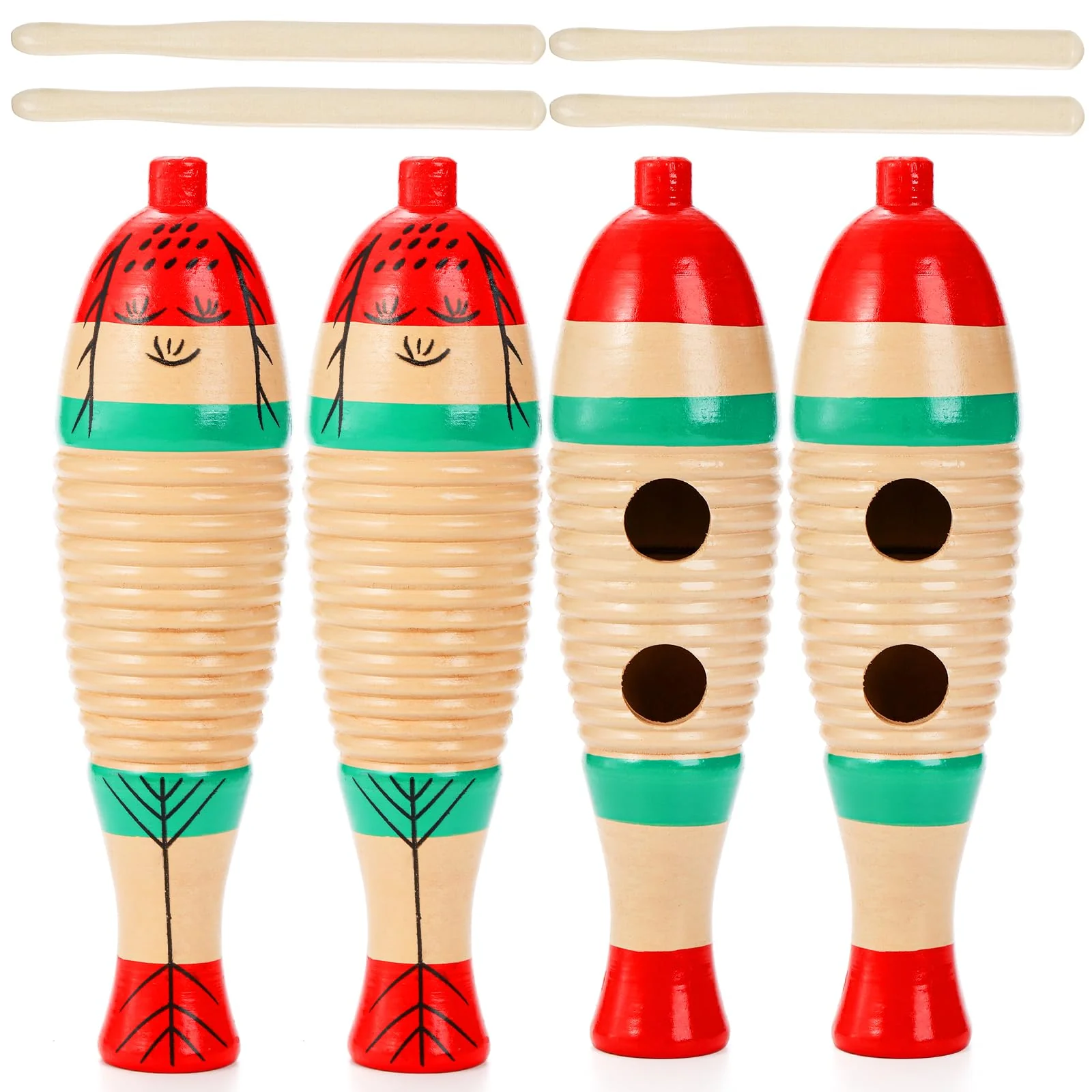 Yopay 4 Pack Guiro Instrument Fish Shaped, Latin Percussion Instrument for Kids, Colorful Wooden Musical Instruments with Rhythm Sticks for Girls, Boys, Adults, Educational Early Learning