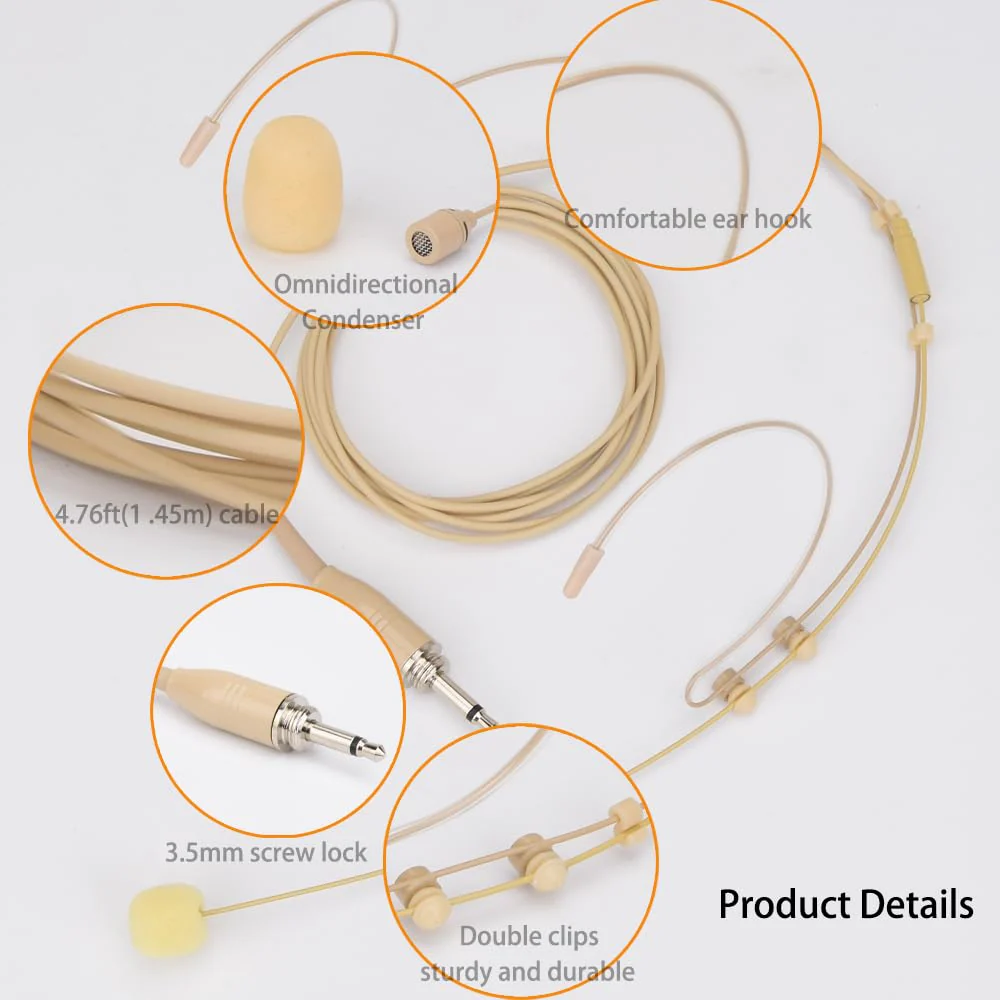 YXG Headworn Earset Over Ear Hanging Mic Beige Low Profile Light-Weight Microphone, with1.45m Cable 3.5mm Thread Screw Lock Head,for Wireless System & Body/Belt Pack Transmitter - Image 5